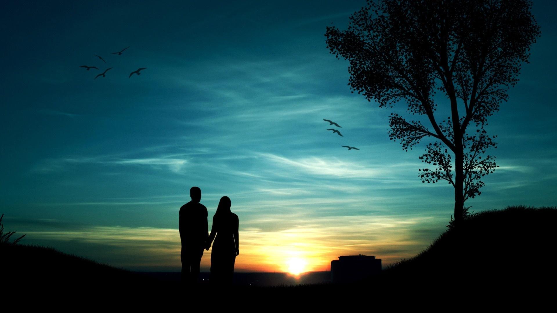 Wallpapers Romantic evening, couples, trees, birds, sunset