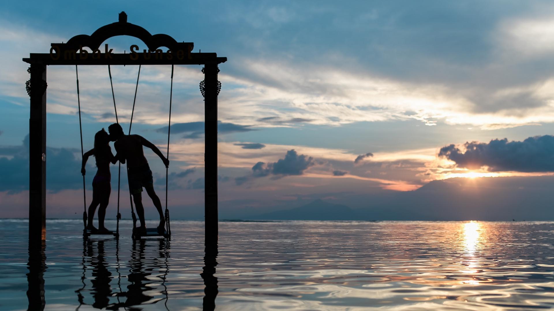 Download wallpapers 1920x1080 couple, swing, sea, romance, sunset