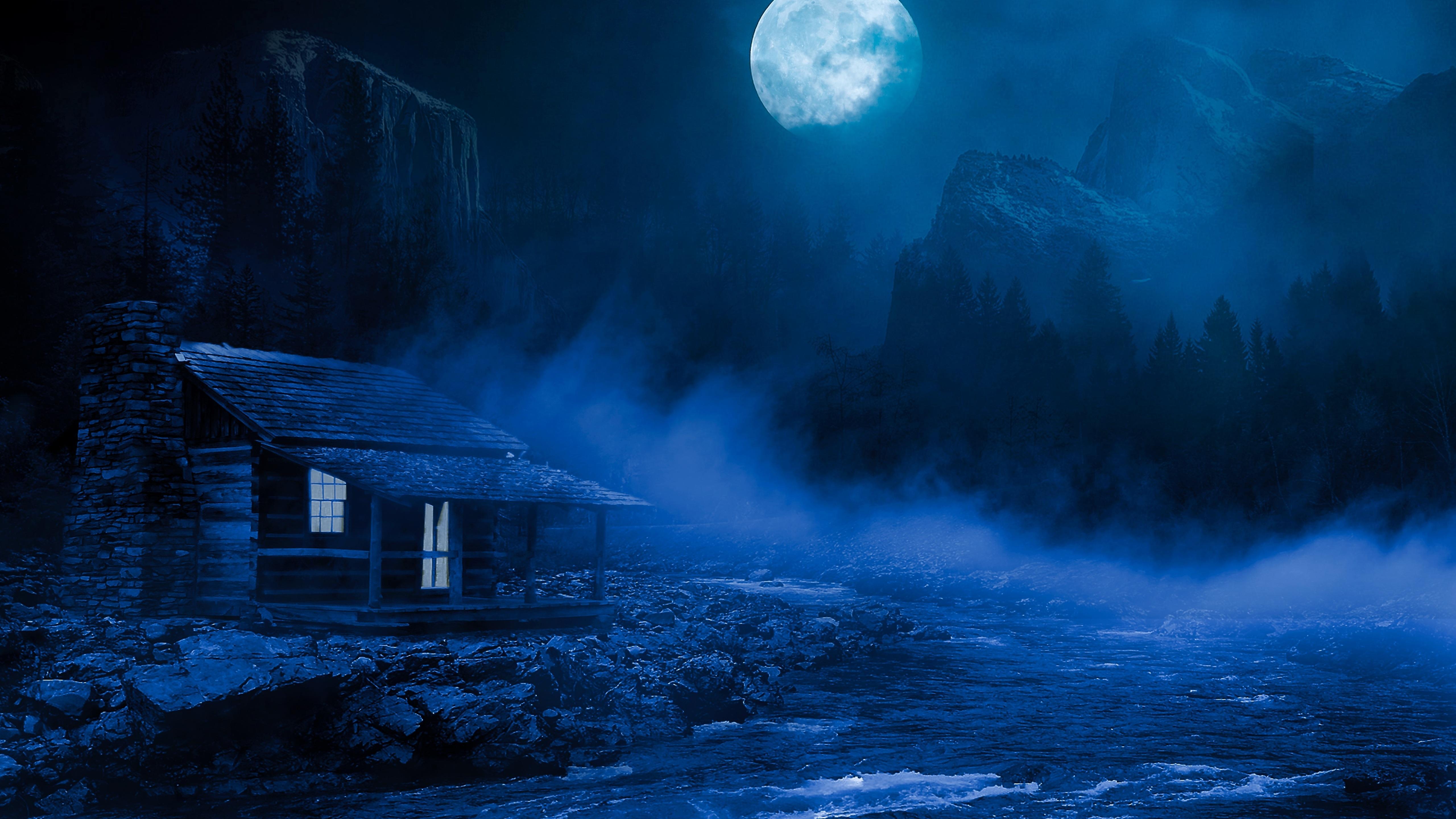 House Night Full Moon Fantasy Lake Flowing On Side 5k 5k