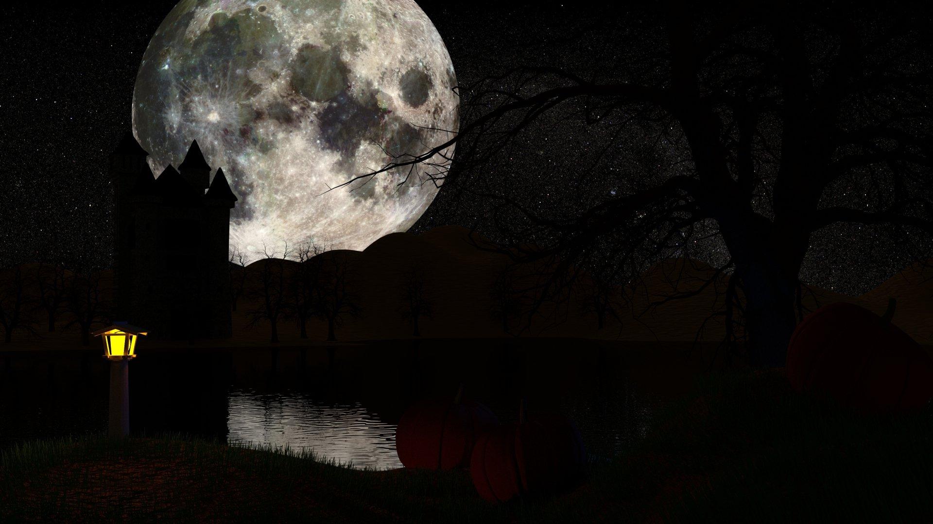 Full Moon over Lake on Halloween HD Wallpaper. Background Image
