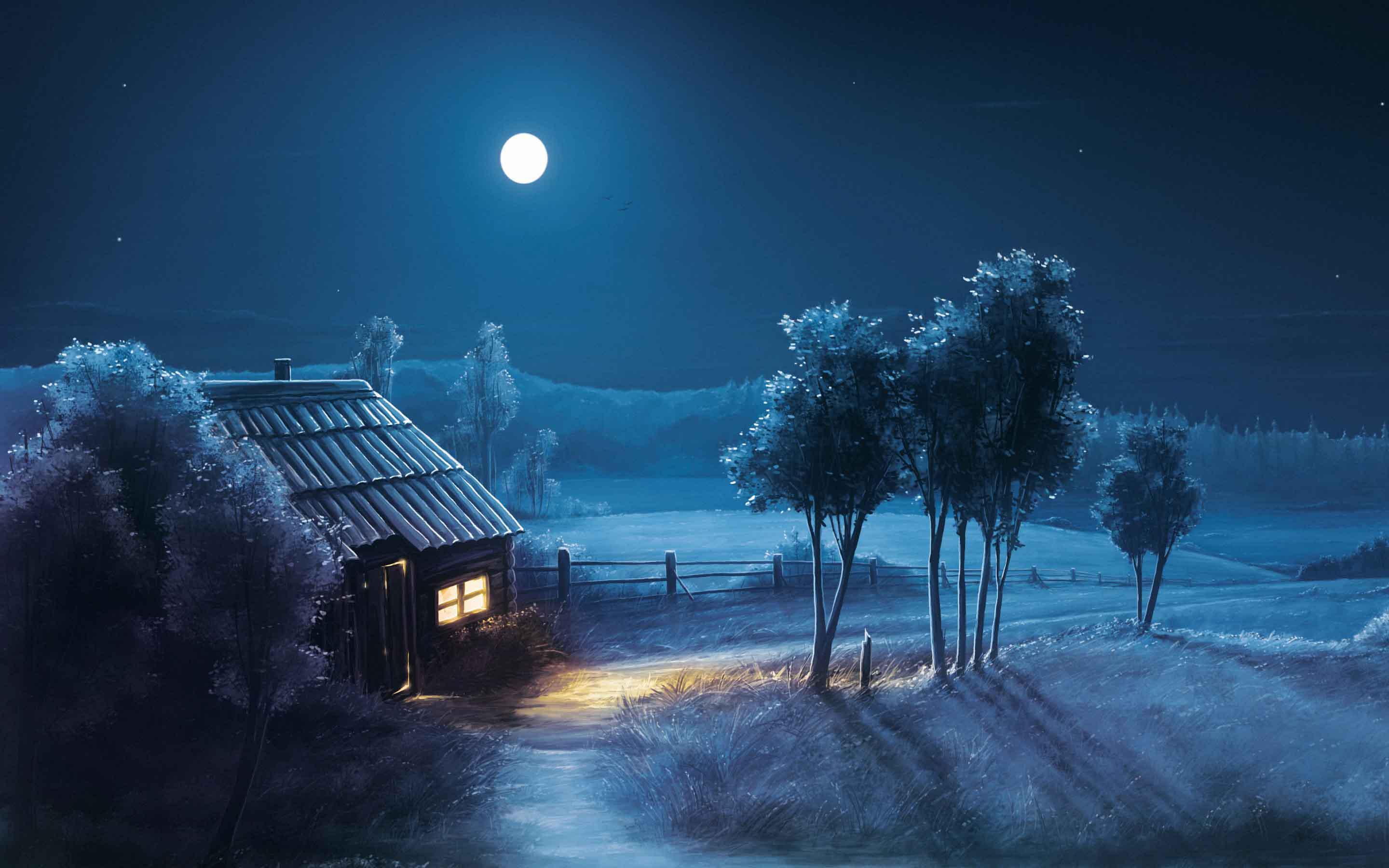 Blue Night Full Moon Scenery wallpaper. nature and landscape