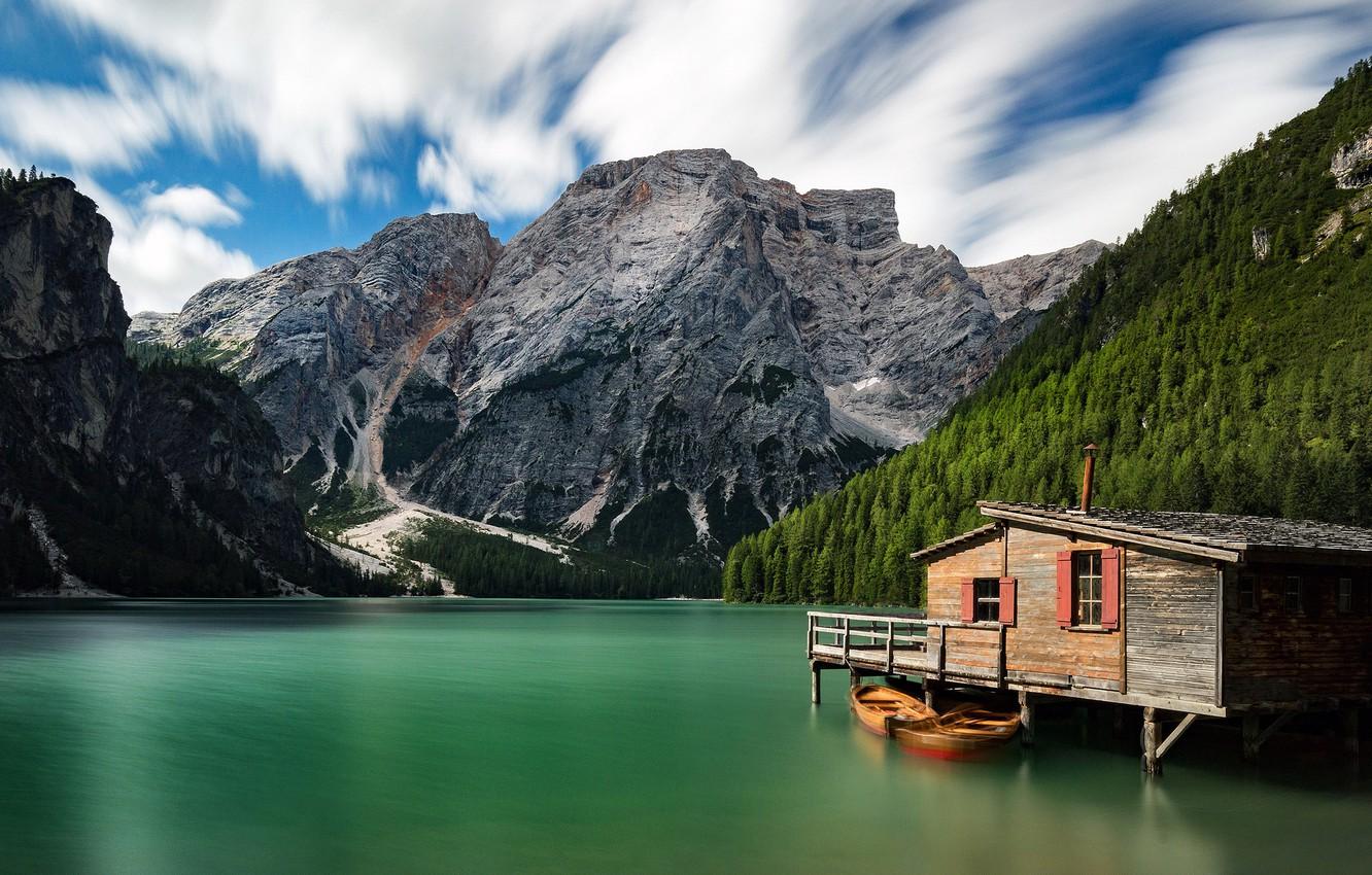 Wallpaper mountains, lake, boats, Italy, house, Italy, The Dolomites