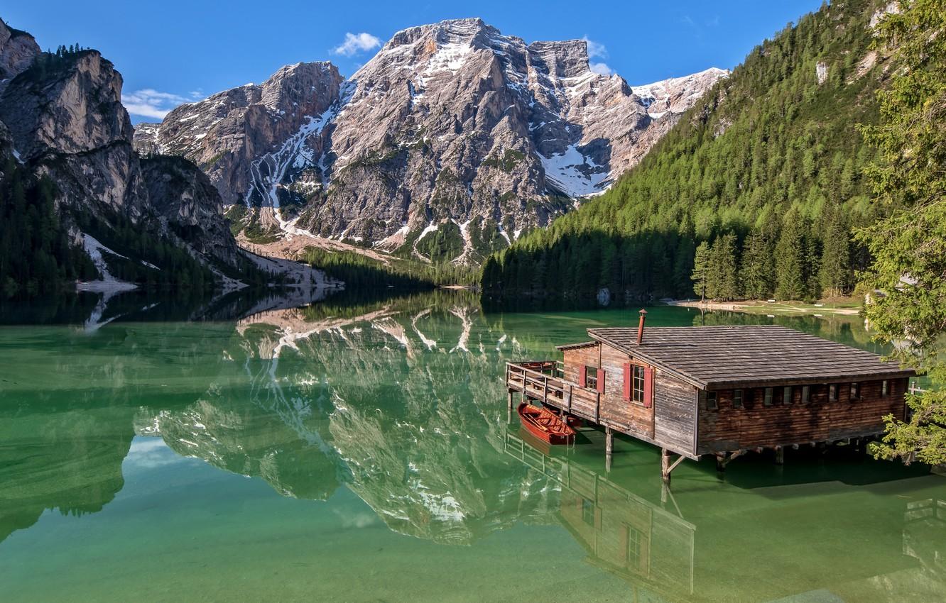 Wallpaper mountains, lake, reflection, boat, Italy, house, Italy