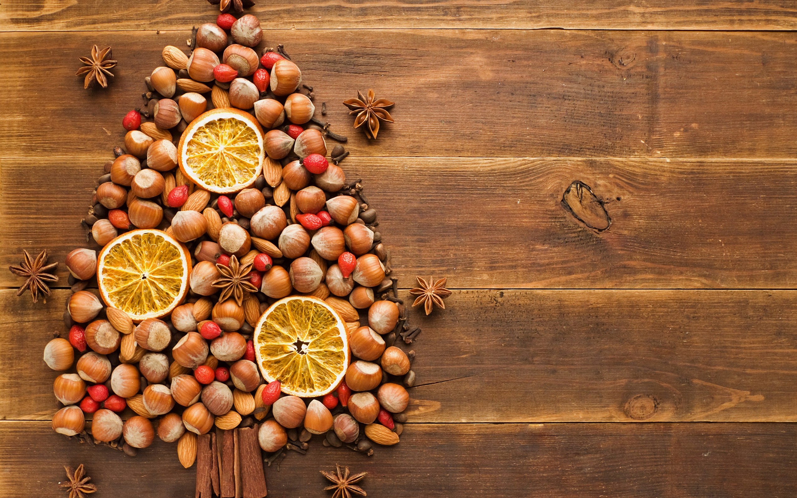 orange (fruit), nuts, wooden surface, new year wallpaper