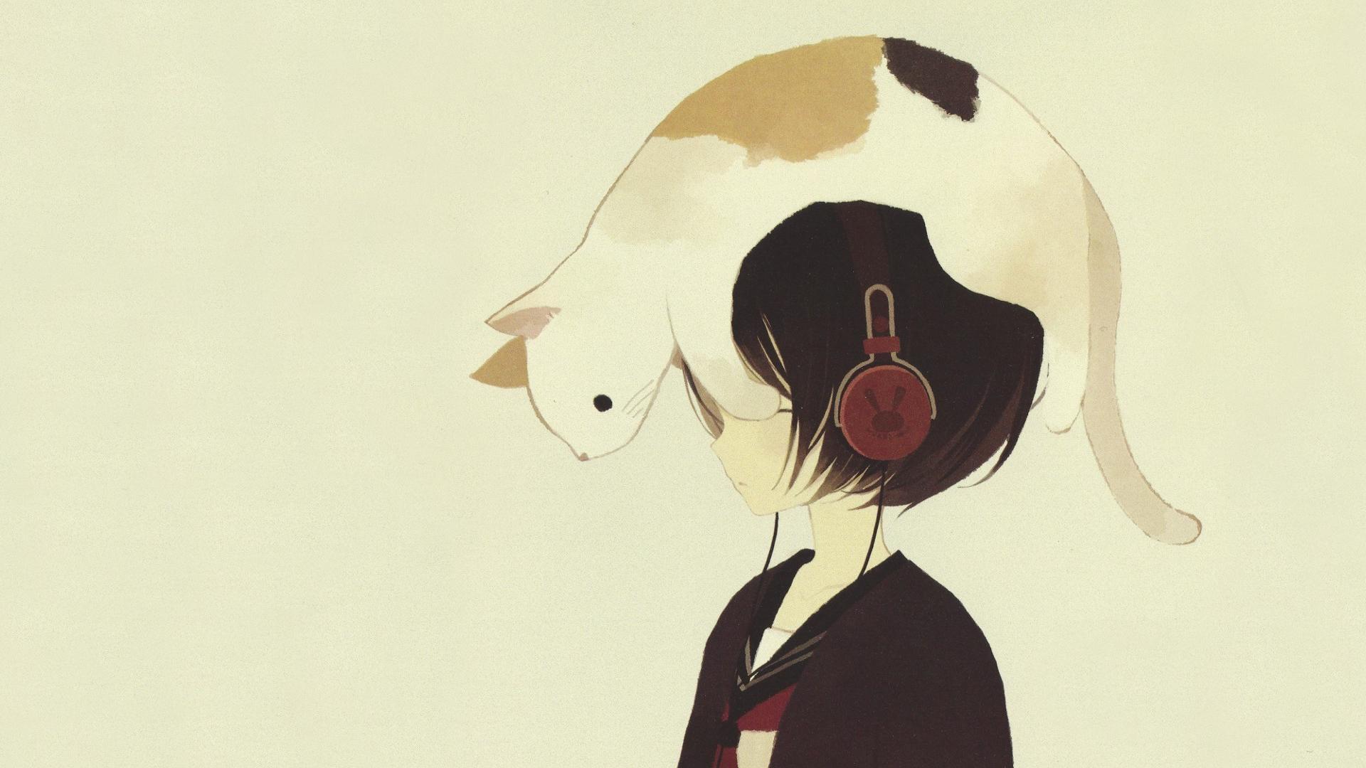 Japanese cats drawings headphones school uniforms Wallpaper