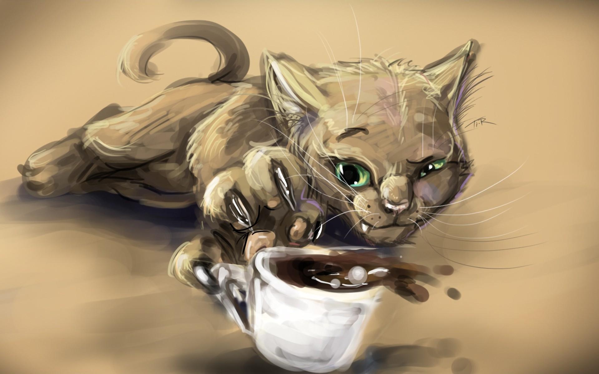 cats, animals, drawings, coffee cups, paws wallpaper