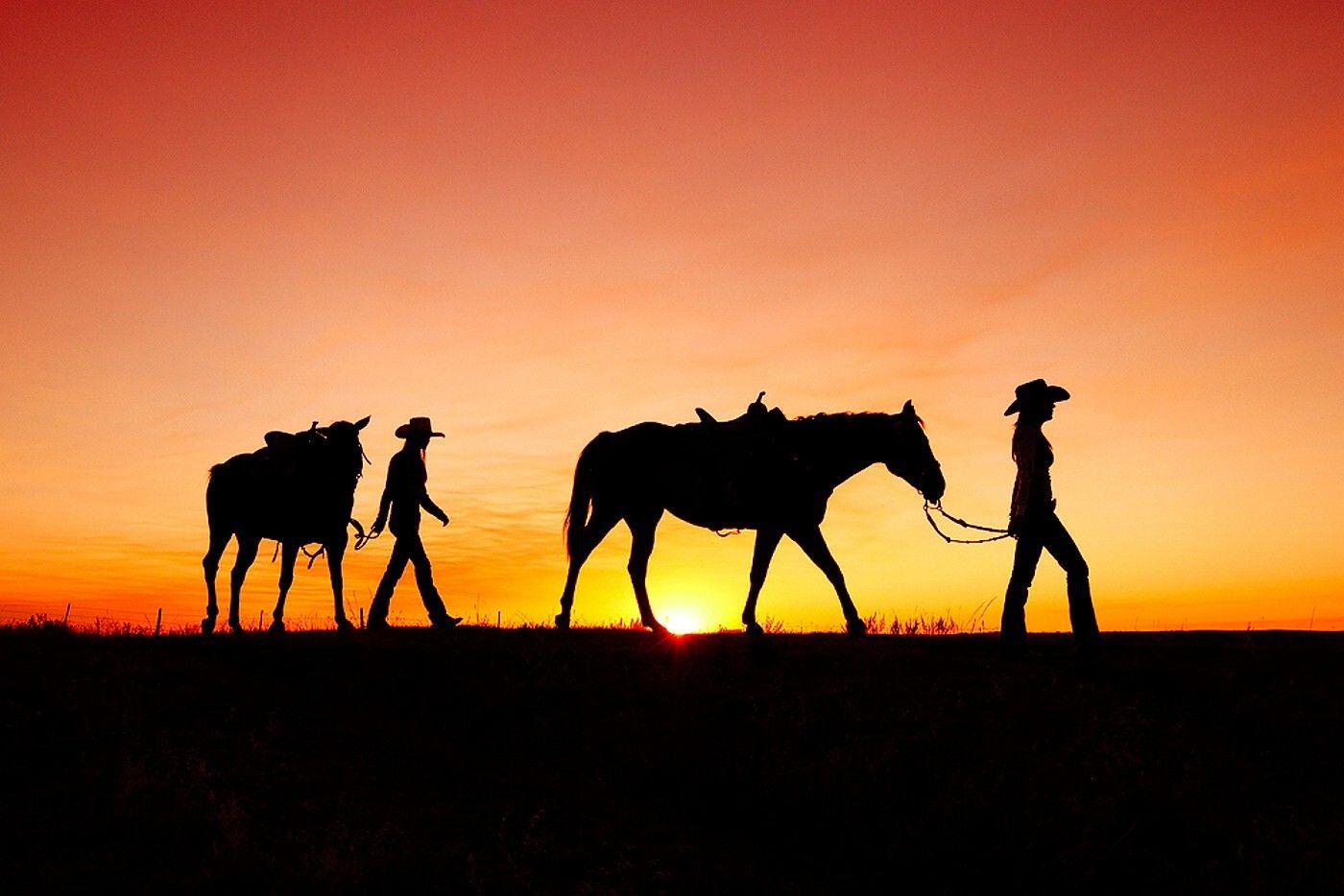Cowgirls and Horse Sunset Wallpaper