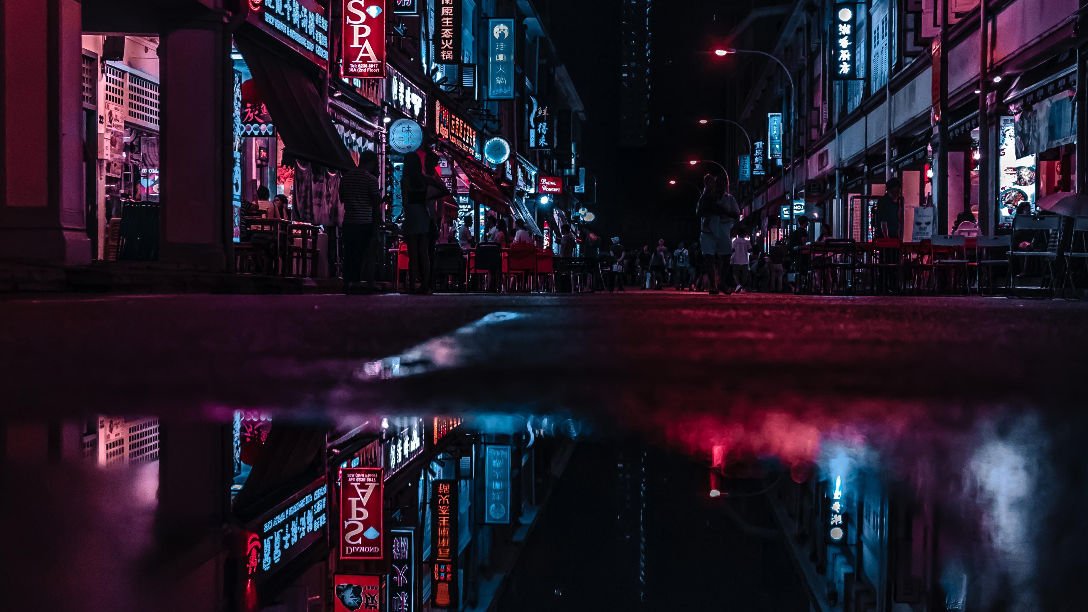 Asia Neon City Lights Reflections, HD Photography, 4k Wallpaper