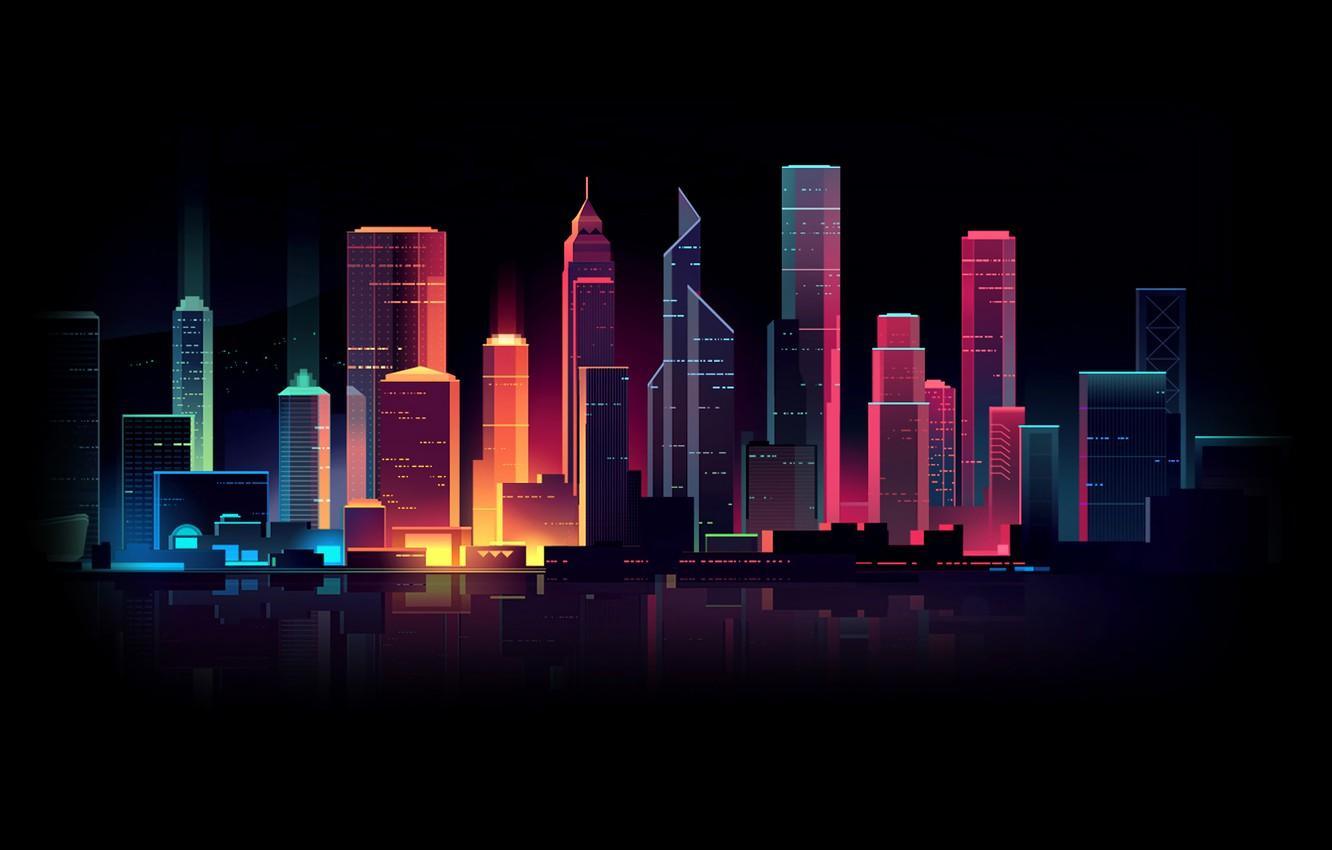 Wallpaper Home, Minimalism, Night, Vector, The city, Light, Style