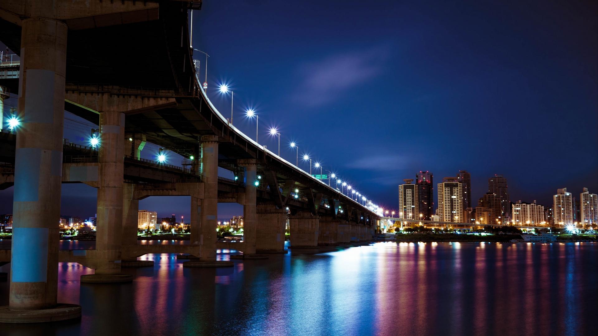 Download wallpaper 1920x1080 night city, bridge, city lights, river