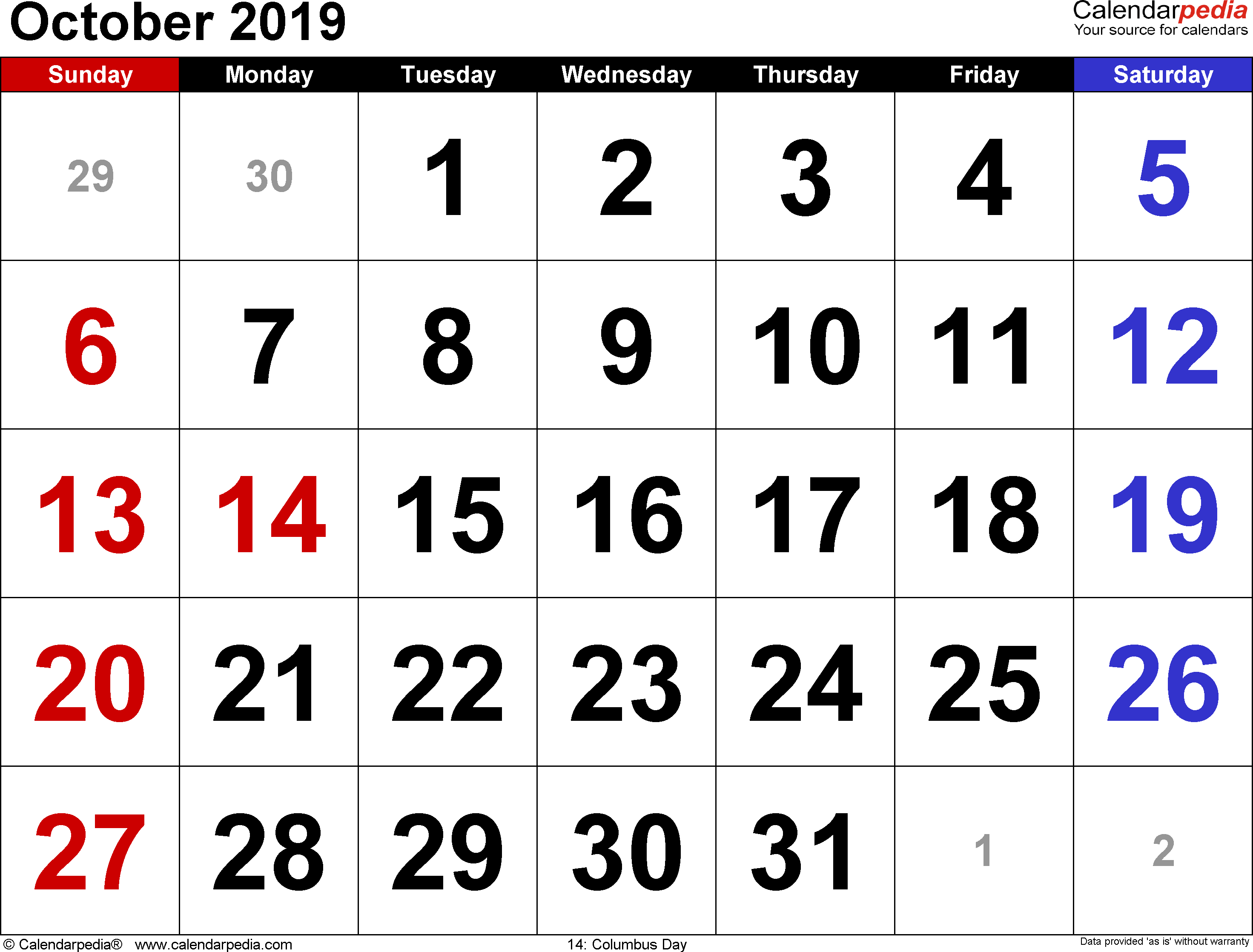 October 2019 Calendars for Word, Excel & PDF