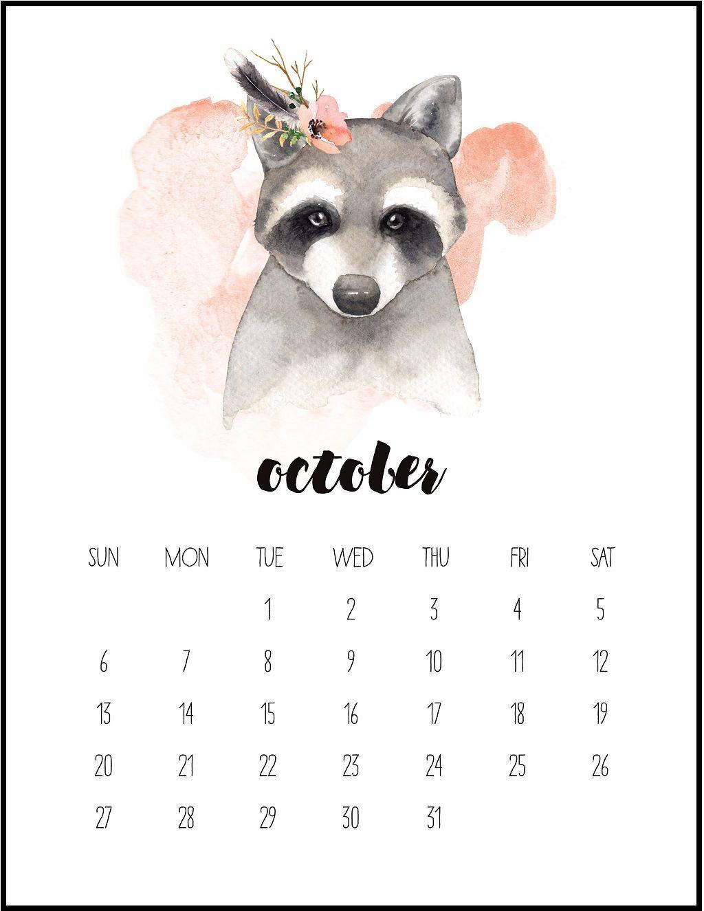 Watercolor October 2019 Printable Calendar.