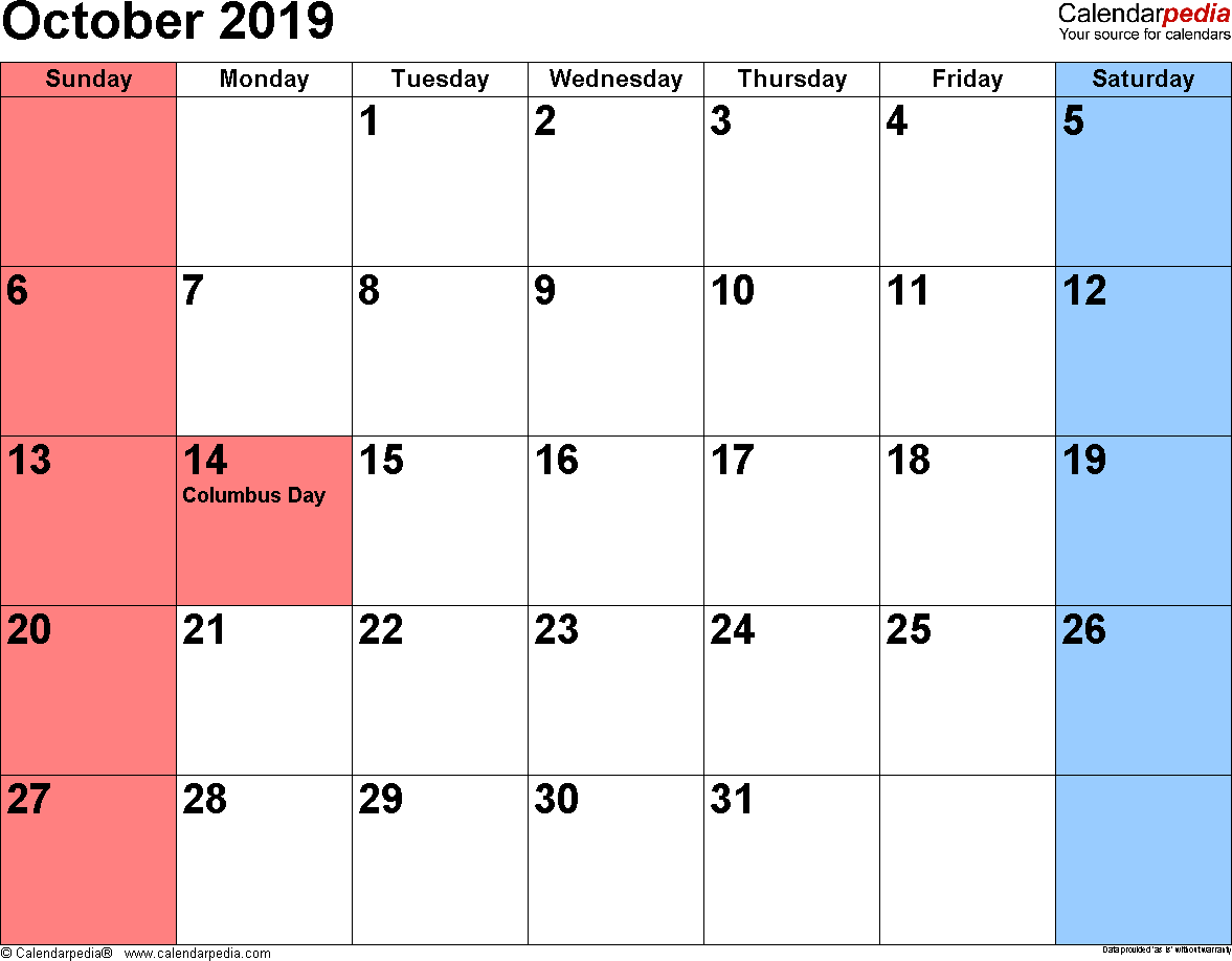 October 2019 Calendars for Word, Excel & PDF