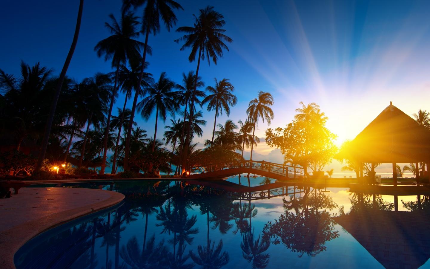 Download wallpaper 1440x900 sunrise, thailand, paradise, trees, sea
