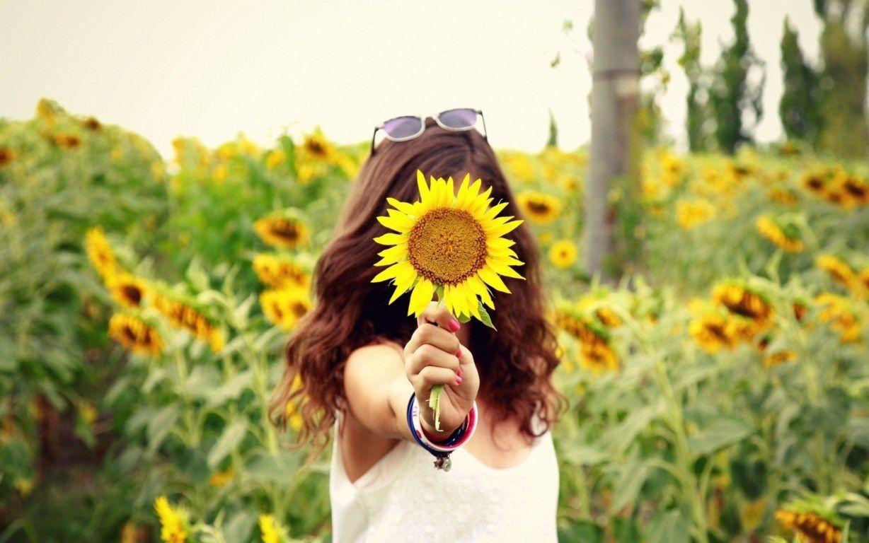 Fashion girl in sunflowers field HD wallpaper Wallpaper