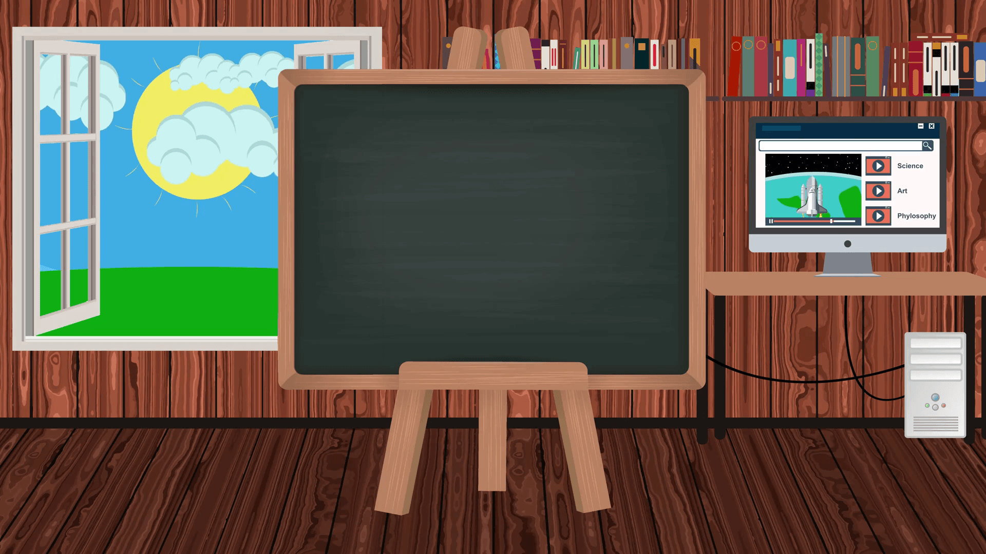 Cartoon Blackboard in a Children Classroom with a School Bus Stock