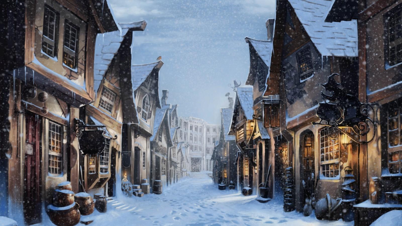 Download 1600x900 Diagon Alley, Harry Potter, Snow, Artwork