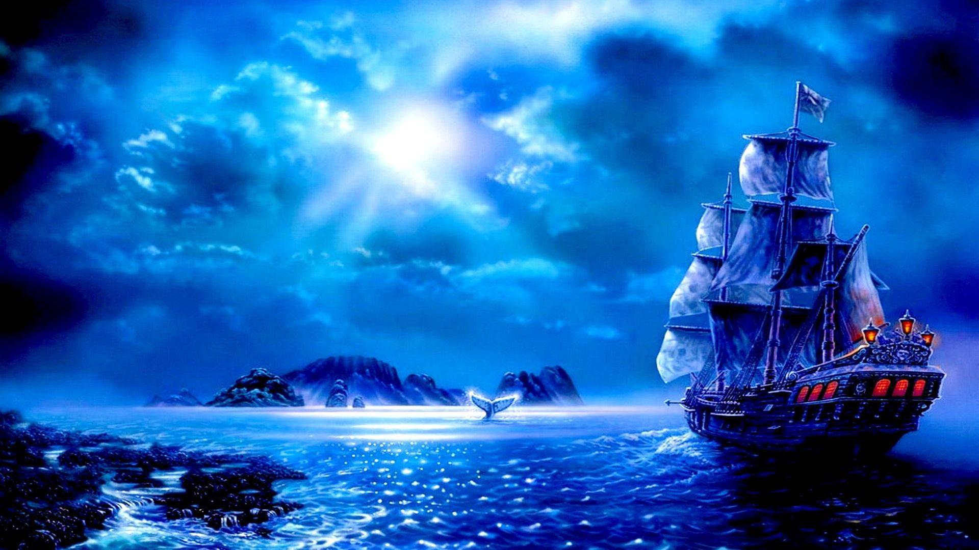 Ocean Ship Blue Fantasy HD Wallpaper