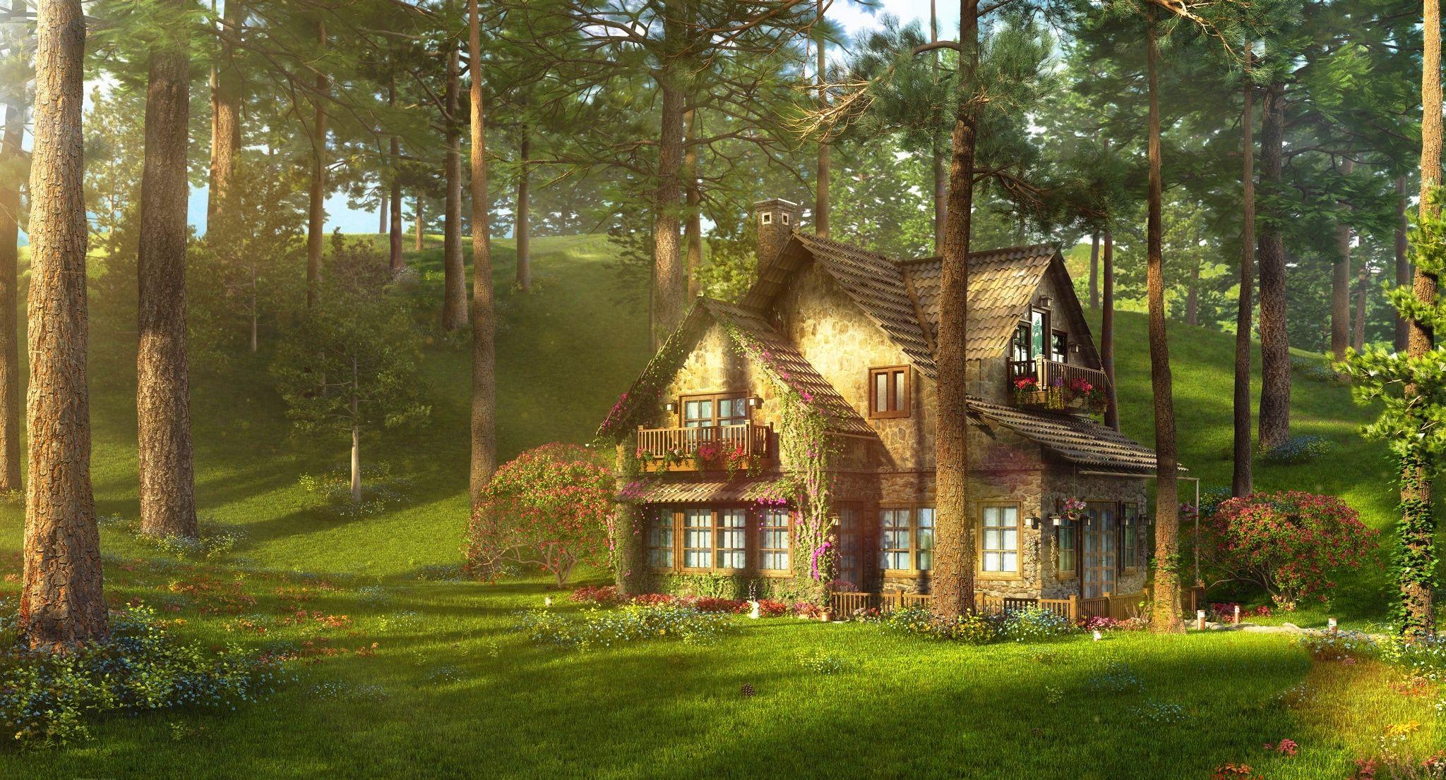 cottage, forest, meadow. Wallpaper - meadow, sunbeams, cottage