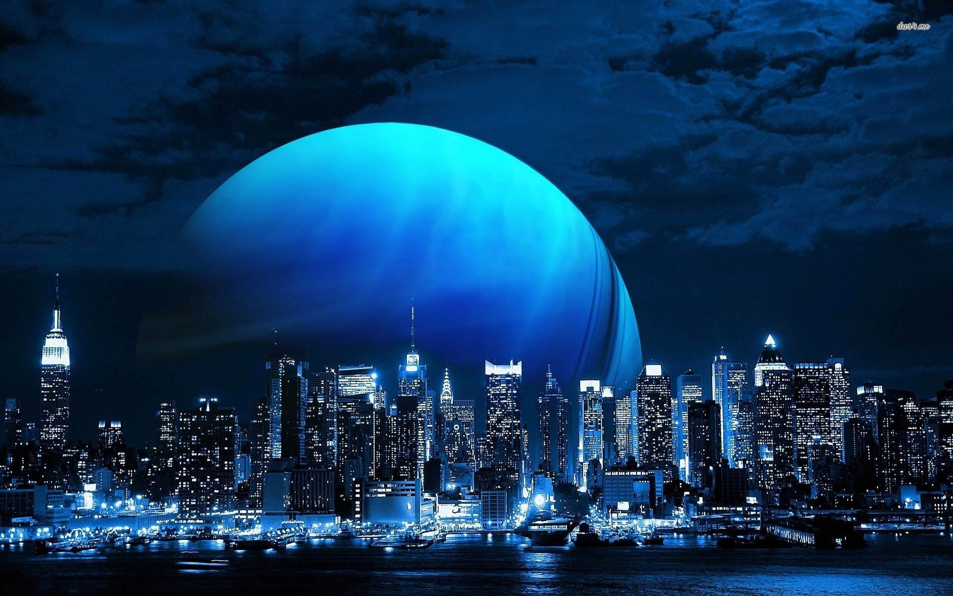 Blue planet over the New York City skyline wallpaper