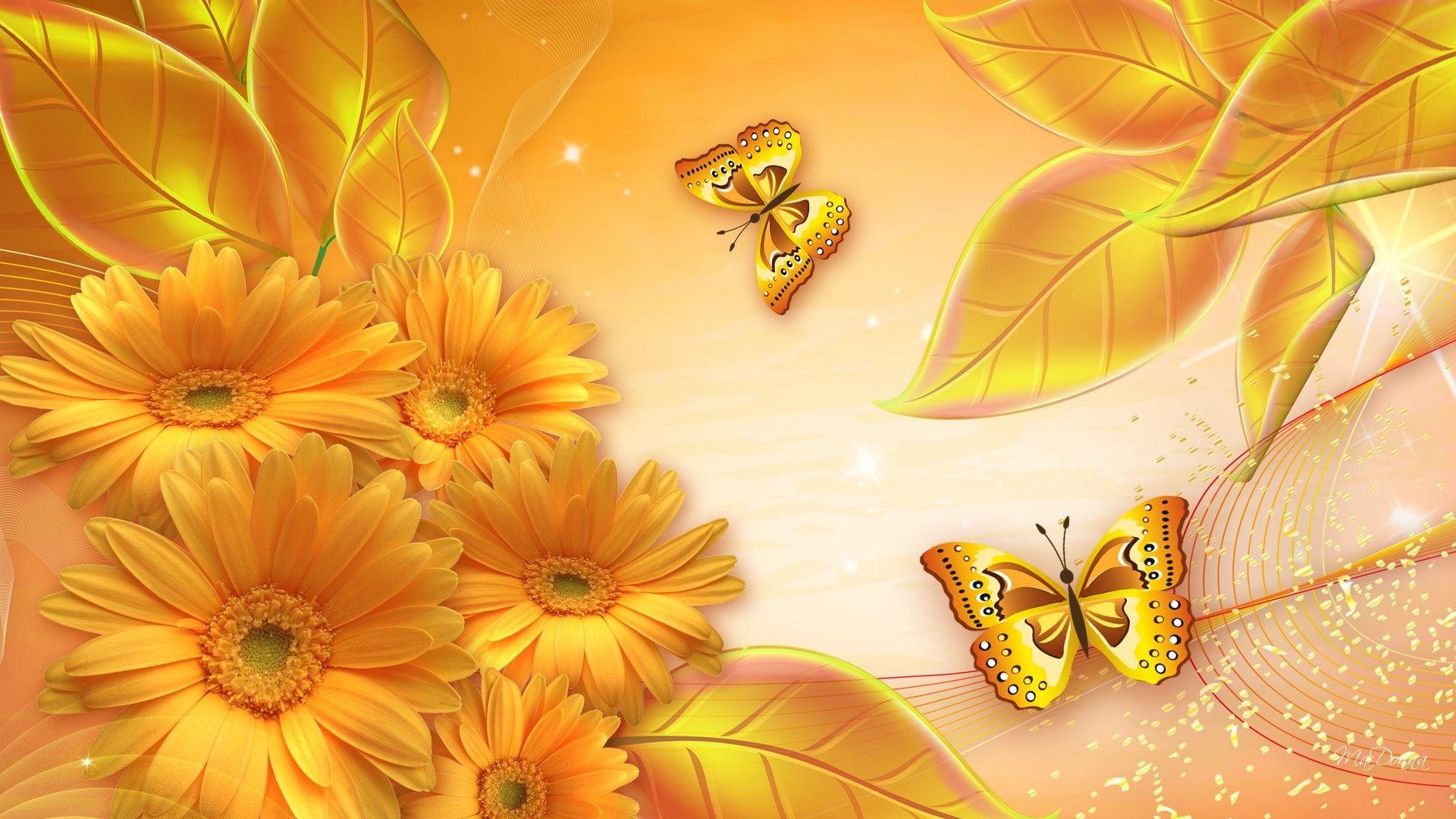 Bright Flowers and Butterflies Wallpaper