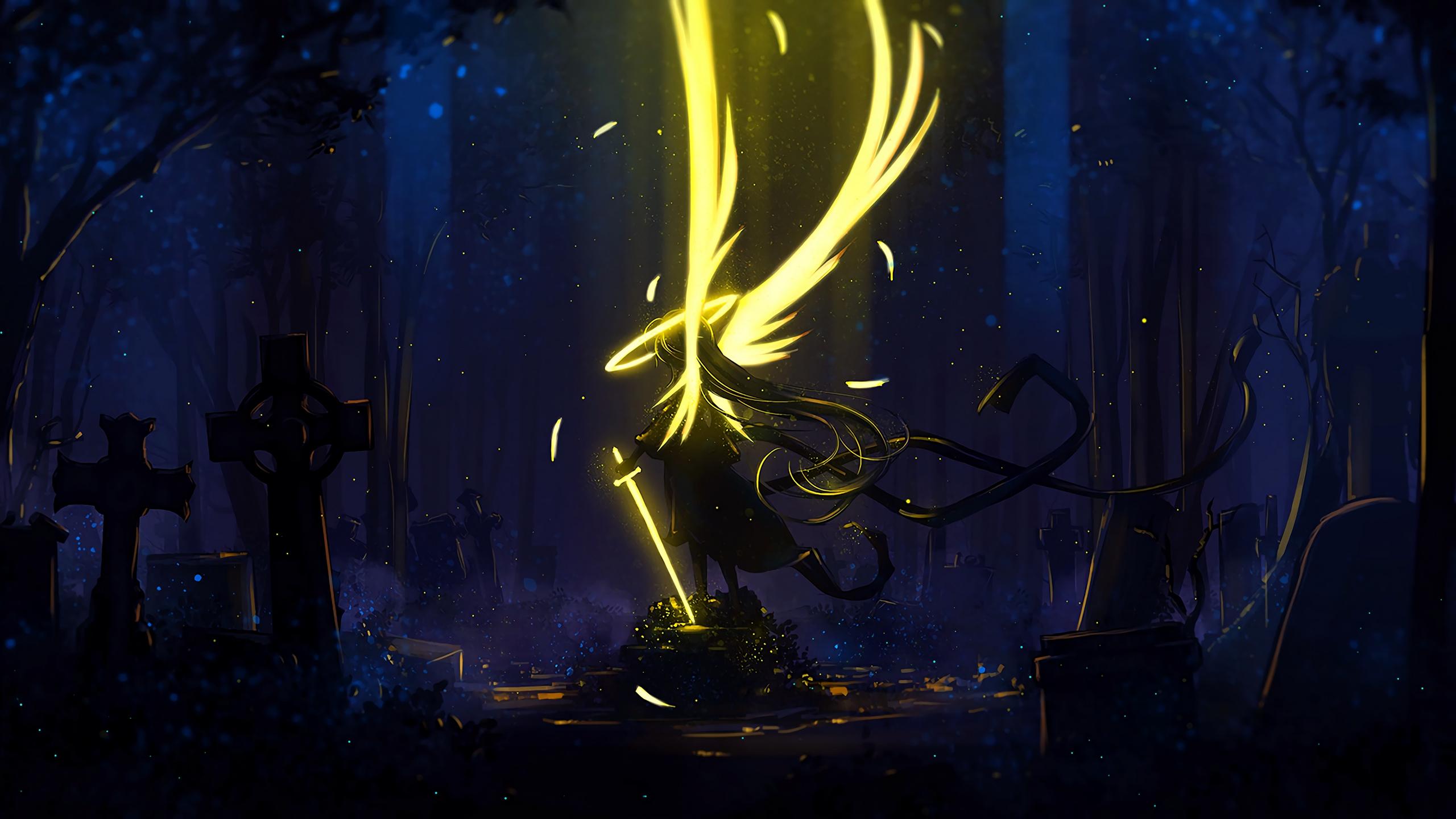 Download wallpaper 2560x1440 angel, wings, art, sword, dark, yellow