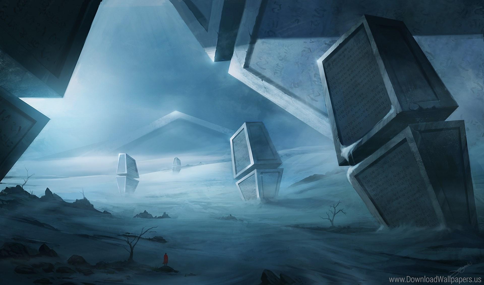 Artifacts, Blinck, Figures, Giant, Landscape, Letters, Night, Rocks