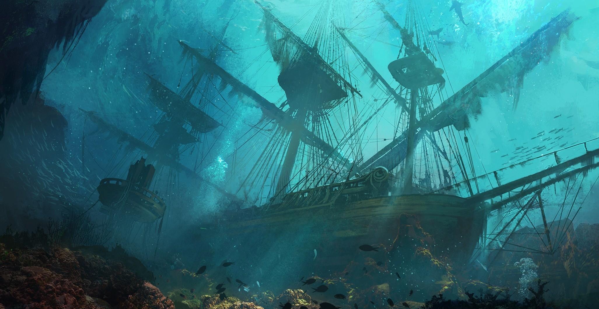 artwork shipwreck underwater wallpaper and background