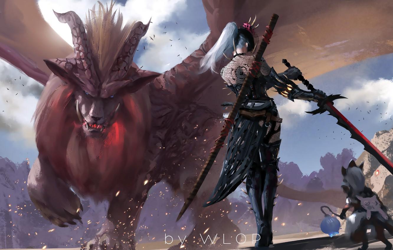 Wallpaper girl, fantasy, monster, ponytail, tattoo, weapons, digital