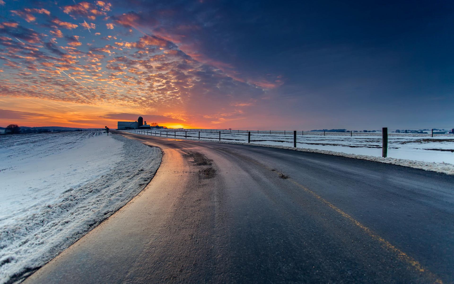 Road Snow Sky Sunset Landscape Wallpaper and Free Stock