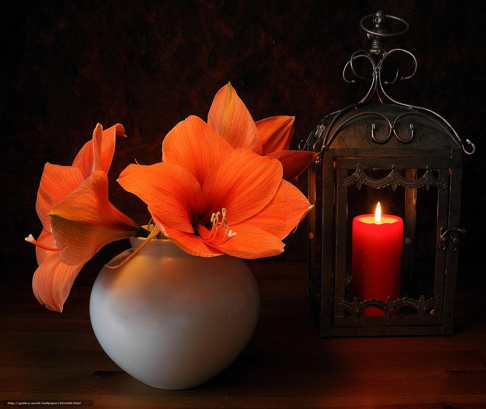 Download wallpaper Lilies, Flowers, vase, candle free desktop