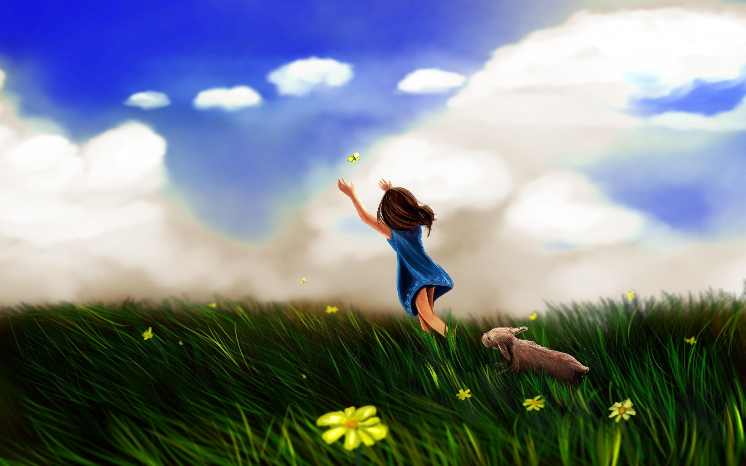 A girl chasing a butterfly Wallpaper