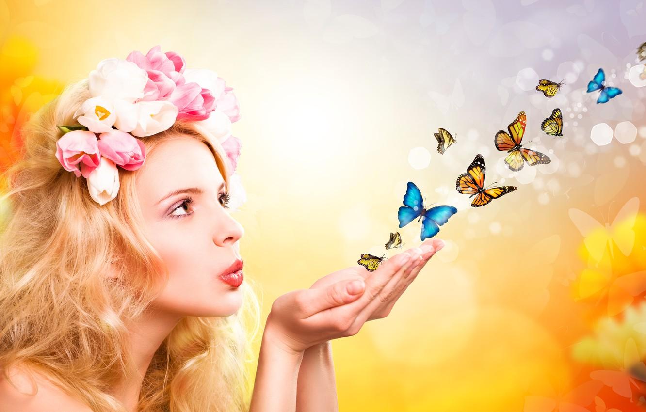 Wallpaper girl, butterfly, flowers, palm, fly image for desktop