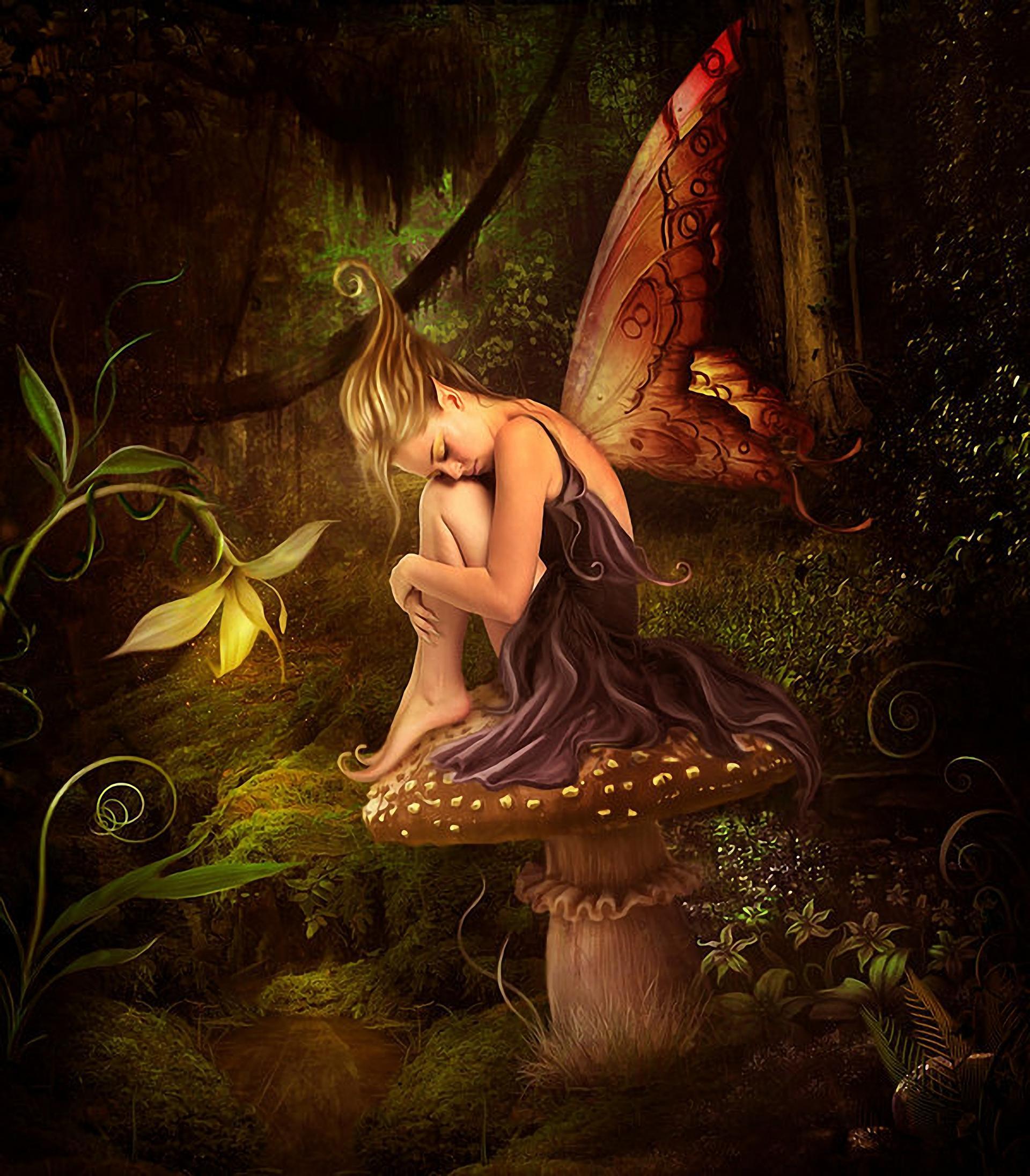 Beautiful Butterfly Girl Sitting Alone Image ©
