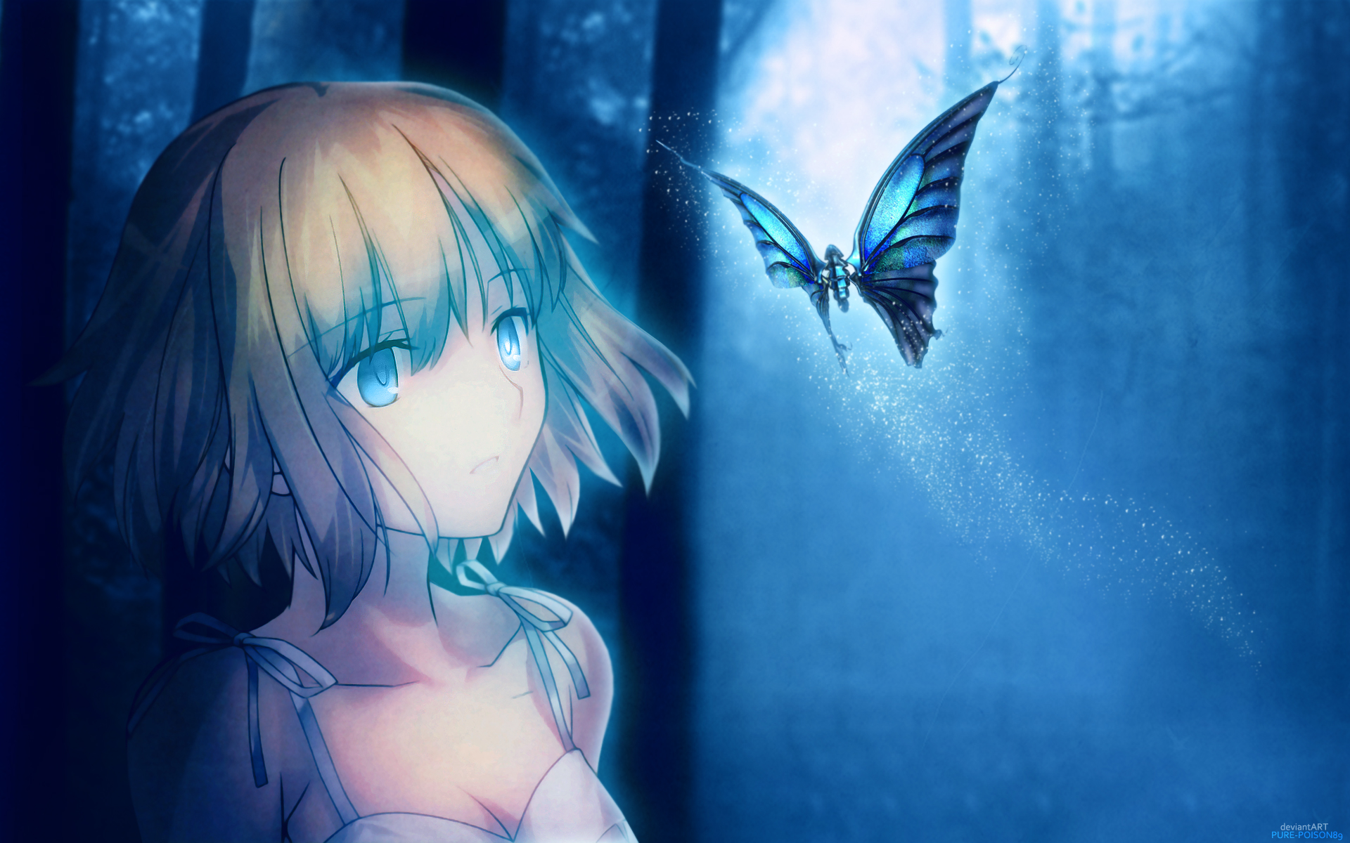 magic, blue, butterfly, girl wallpaper
