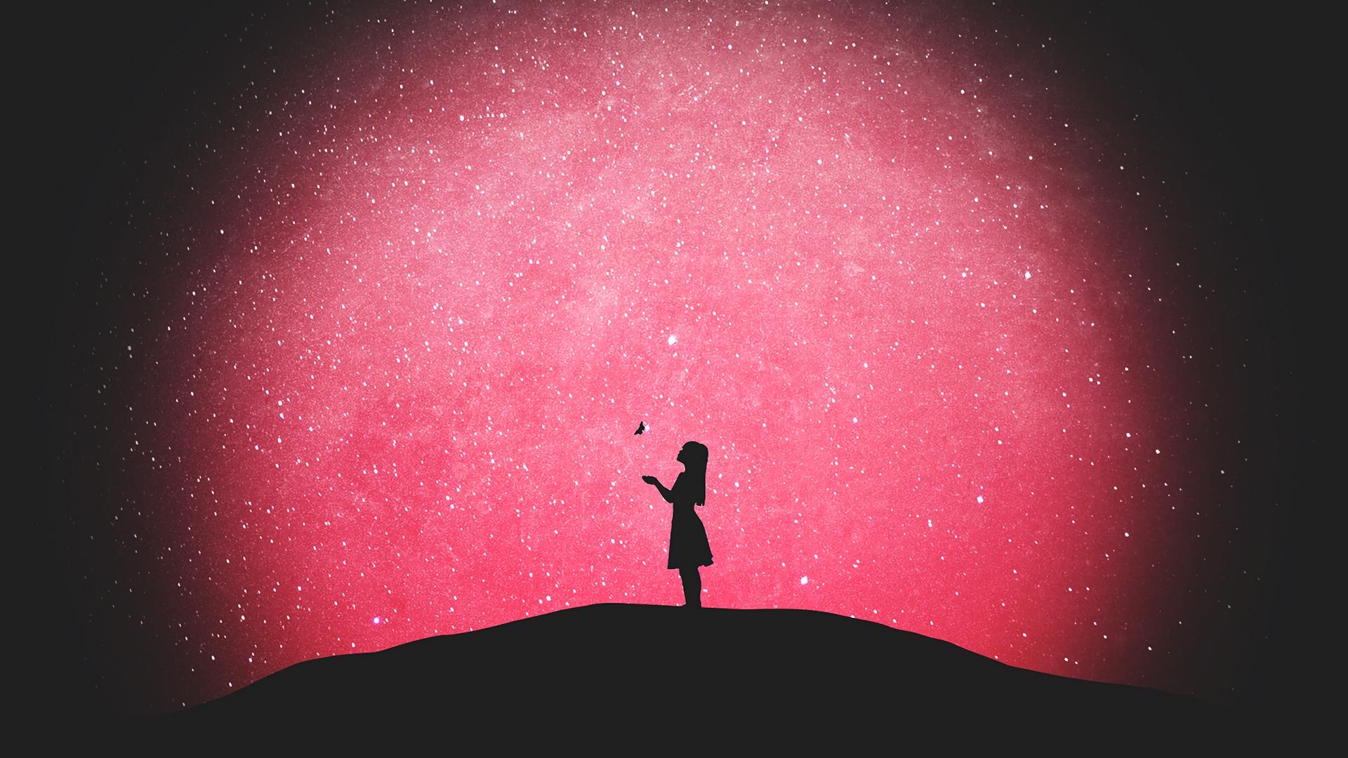 Download wallpaper 1920x1080 silhouette, butterfly, girl, starry sky