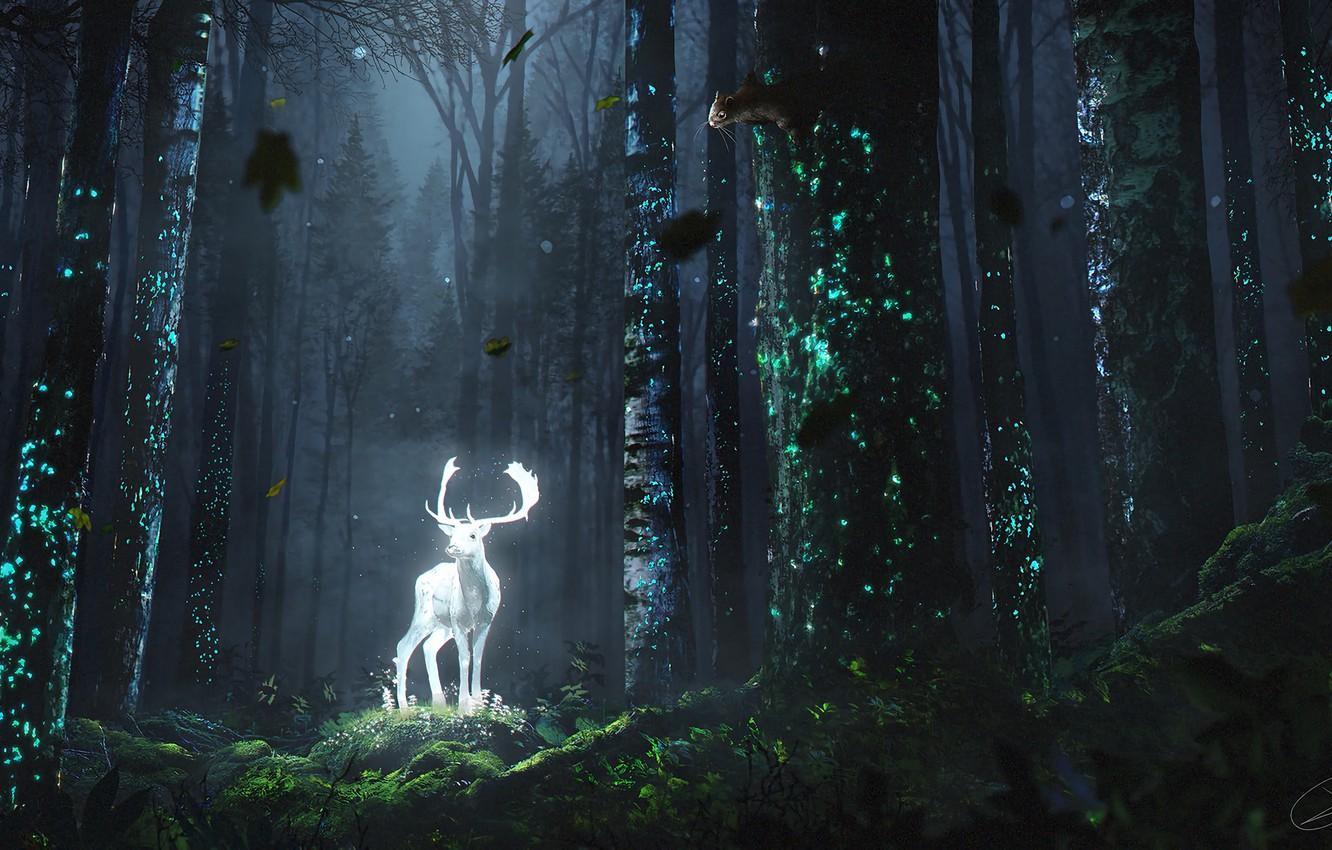 Wallpaper fantasy, forest, horns, trees, digital art, artwork