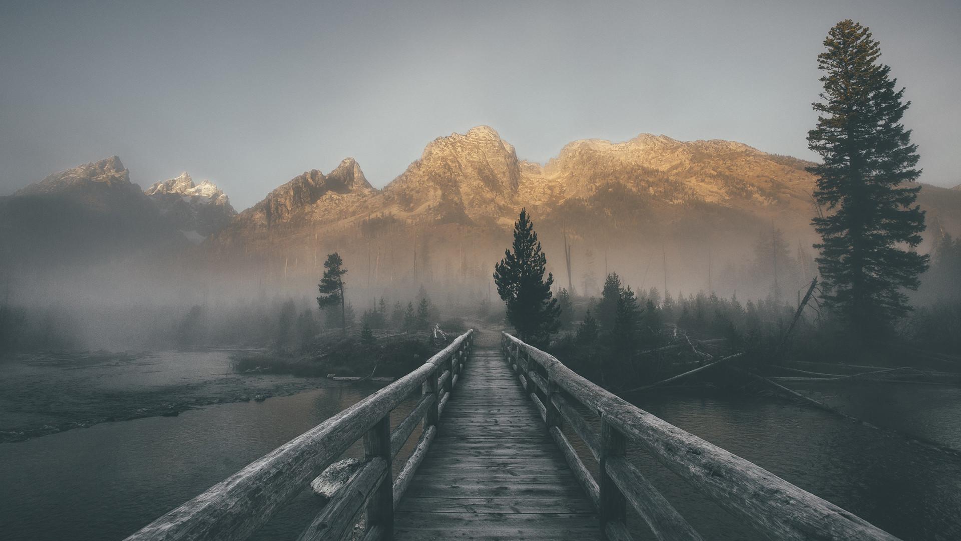 Bridge over misty river [1920x1080]