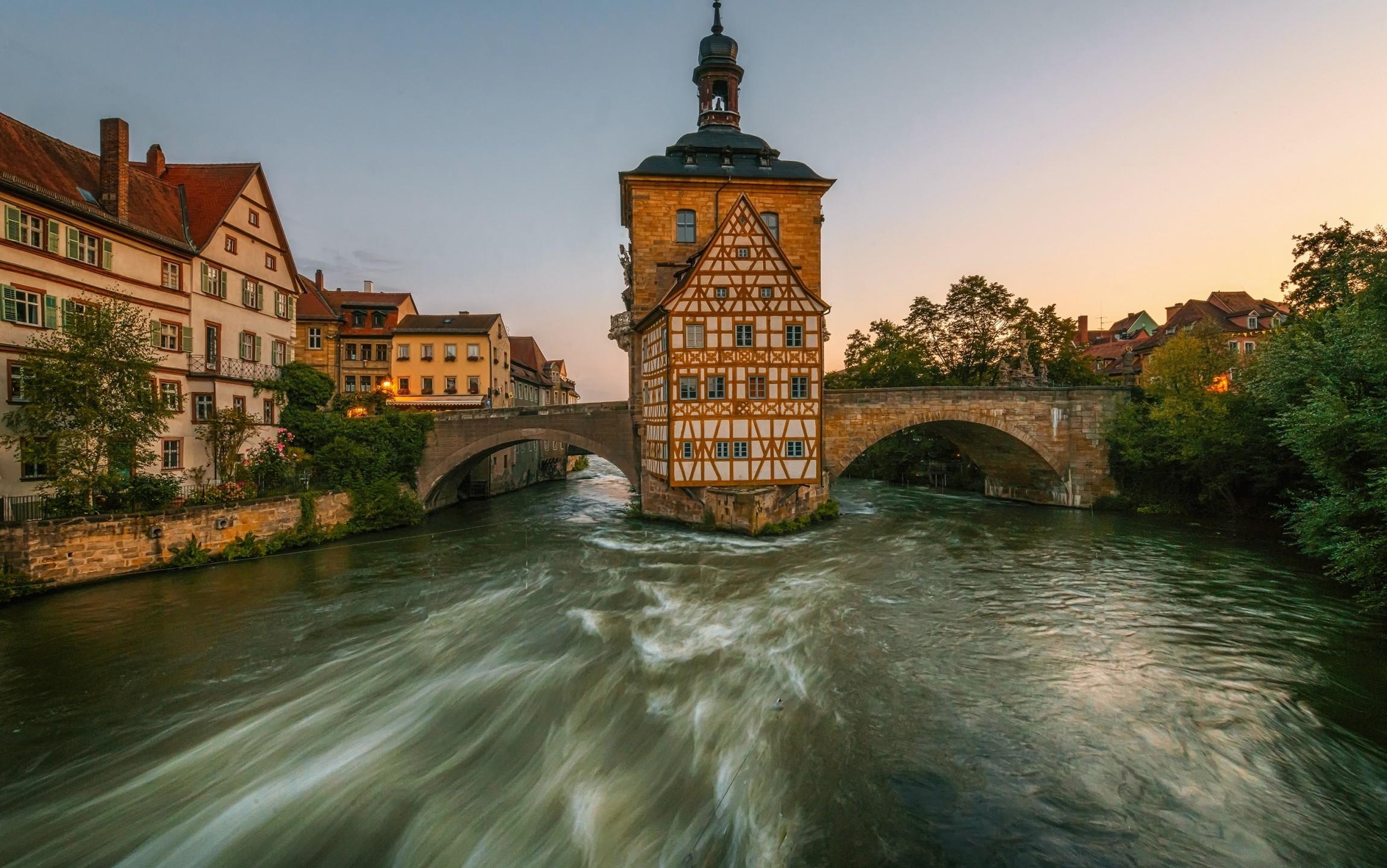 Download 2300x1440 Germany, River, Bridge, Houses, Trees Wallpaper