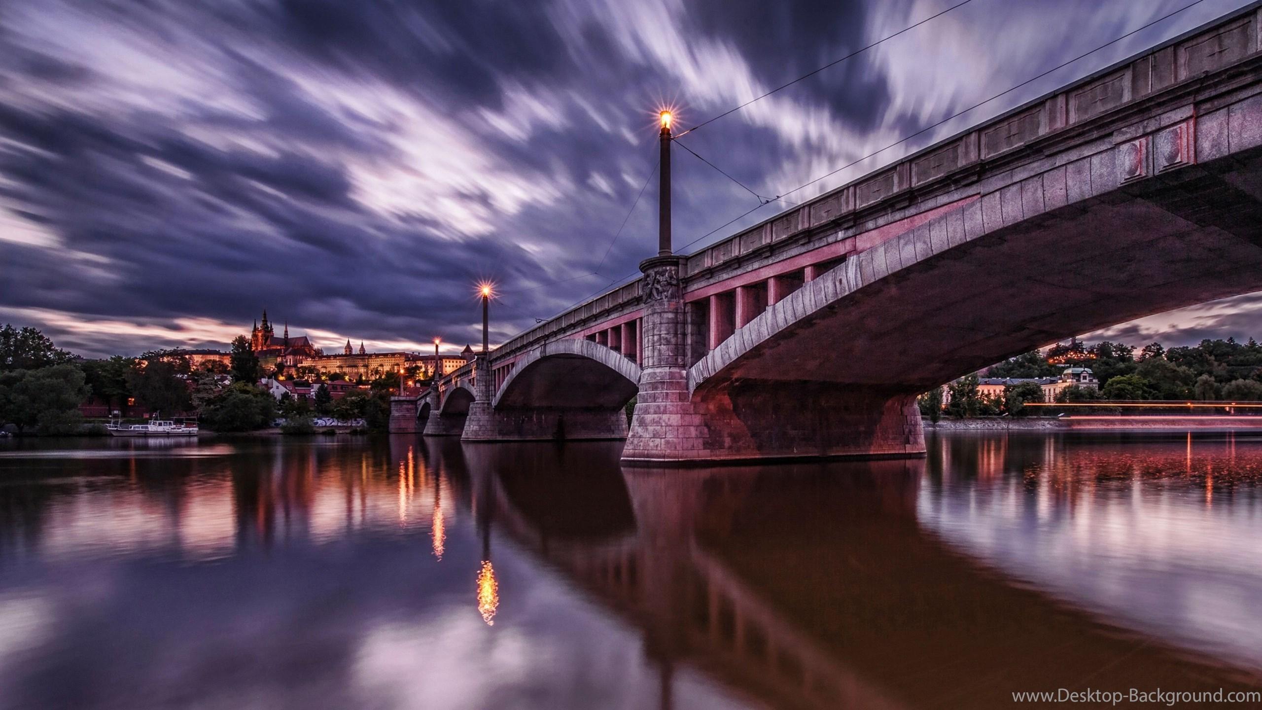 Download Wallpaper 3840x2160 Prague, Dawn, Lights, River, Bridge