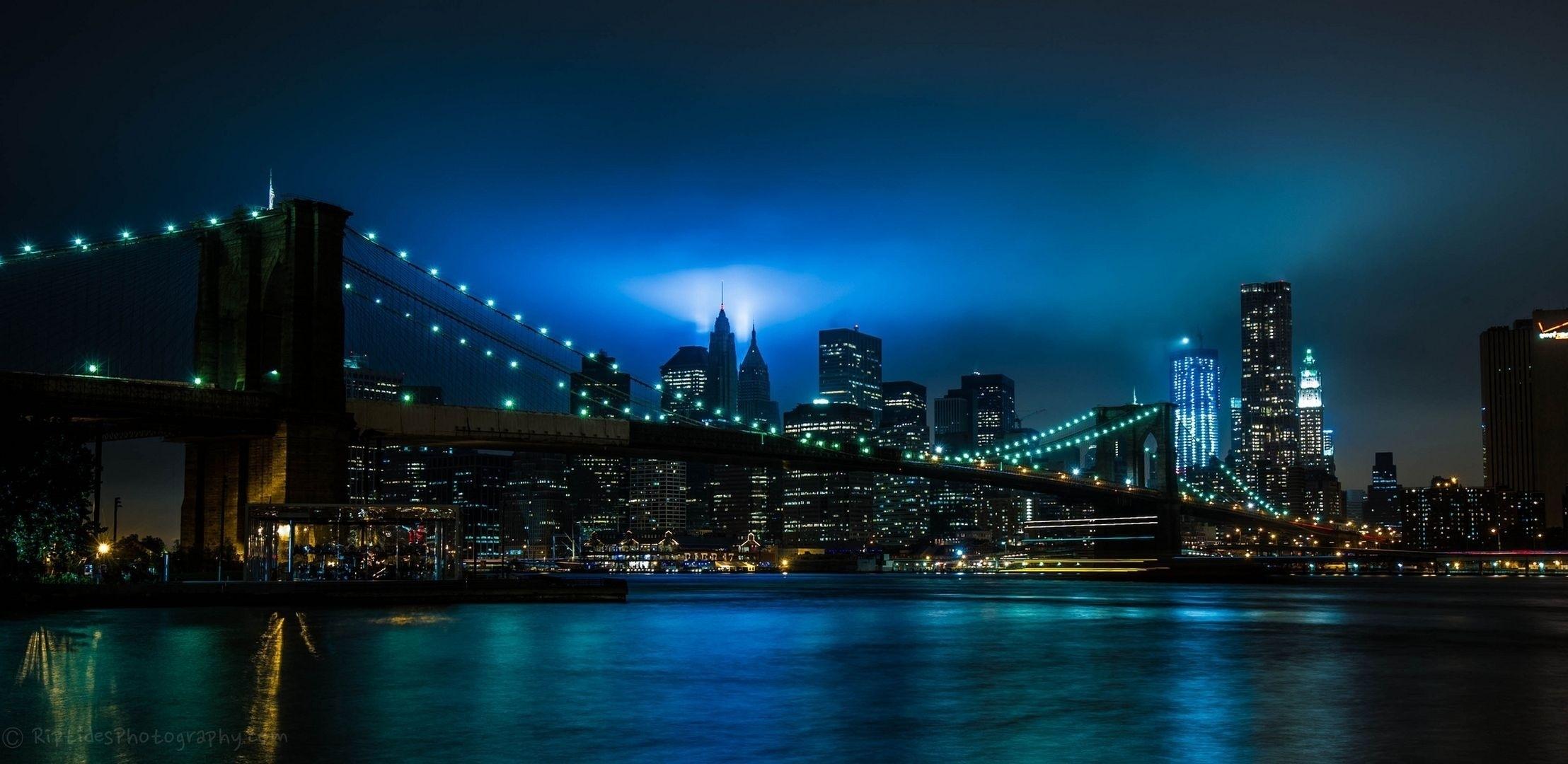 City Night Lights River Bridge Brooklyn New York