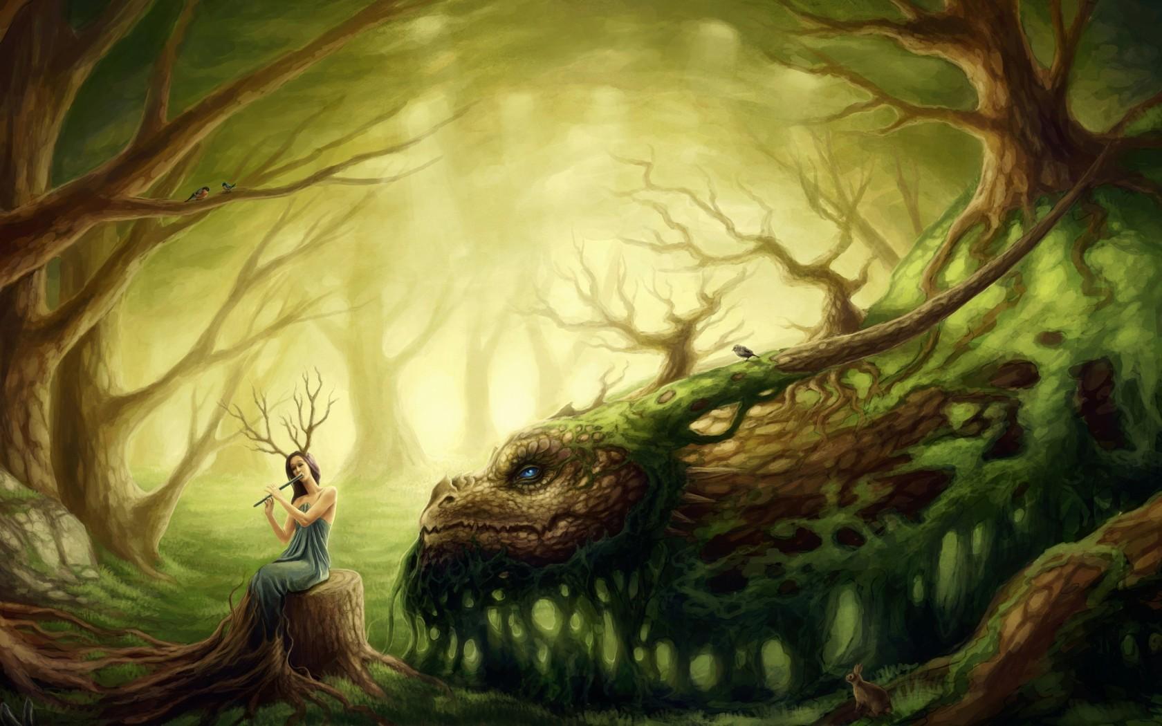 Fantasy Girl And Dragon Trees Widescreen Wallpaper. Wide Wallpaper.NET