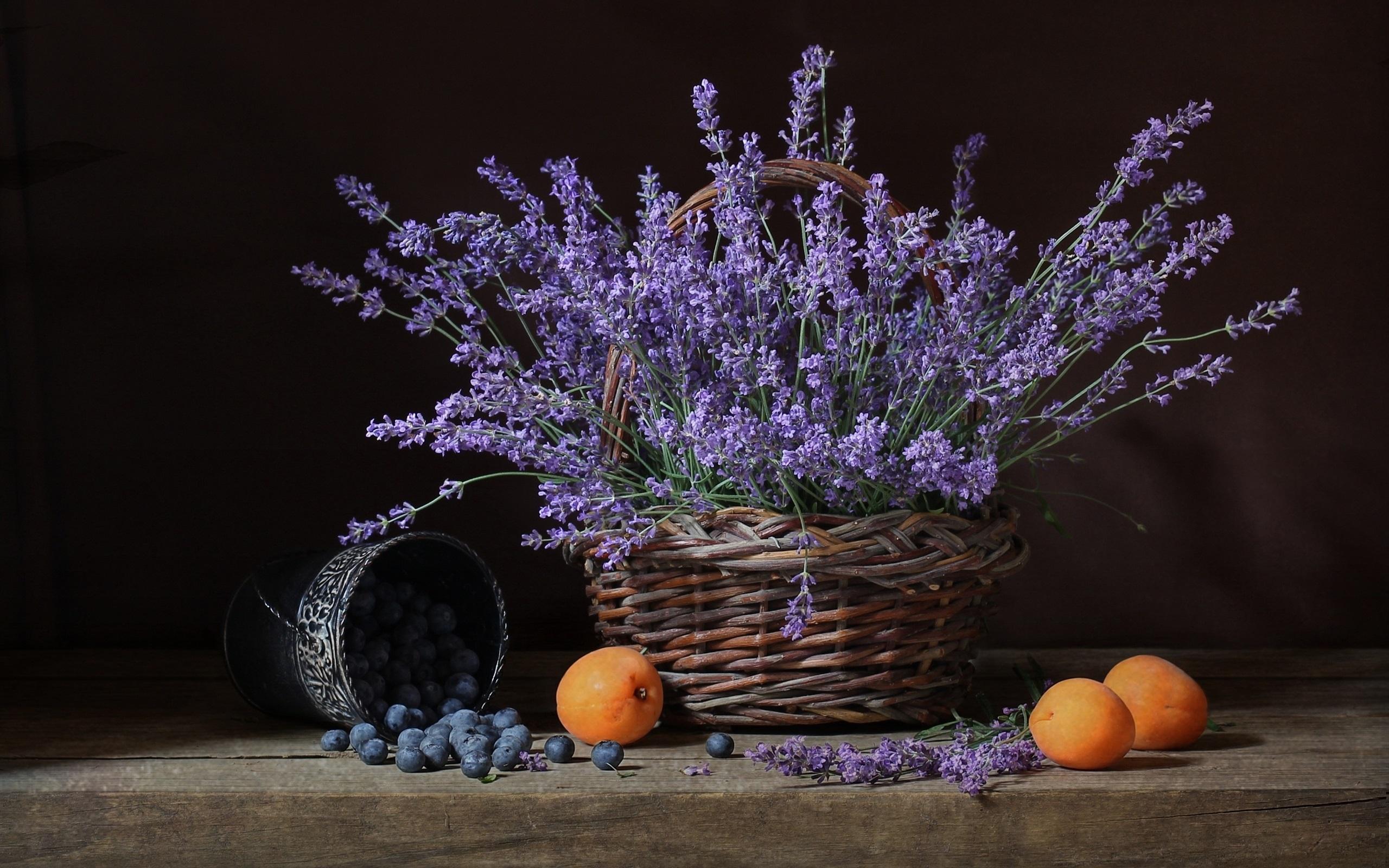 Wallpaper Lavender, flowers, basket, apricots, blueberries 2560x1600