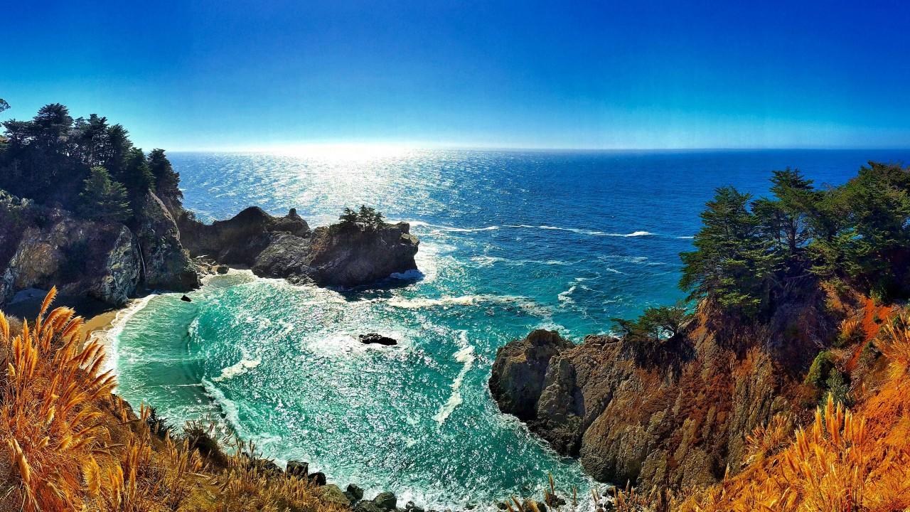 Wallpaper McWay Falls, Ocean, Big Sur, California, 5K, Nature