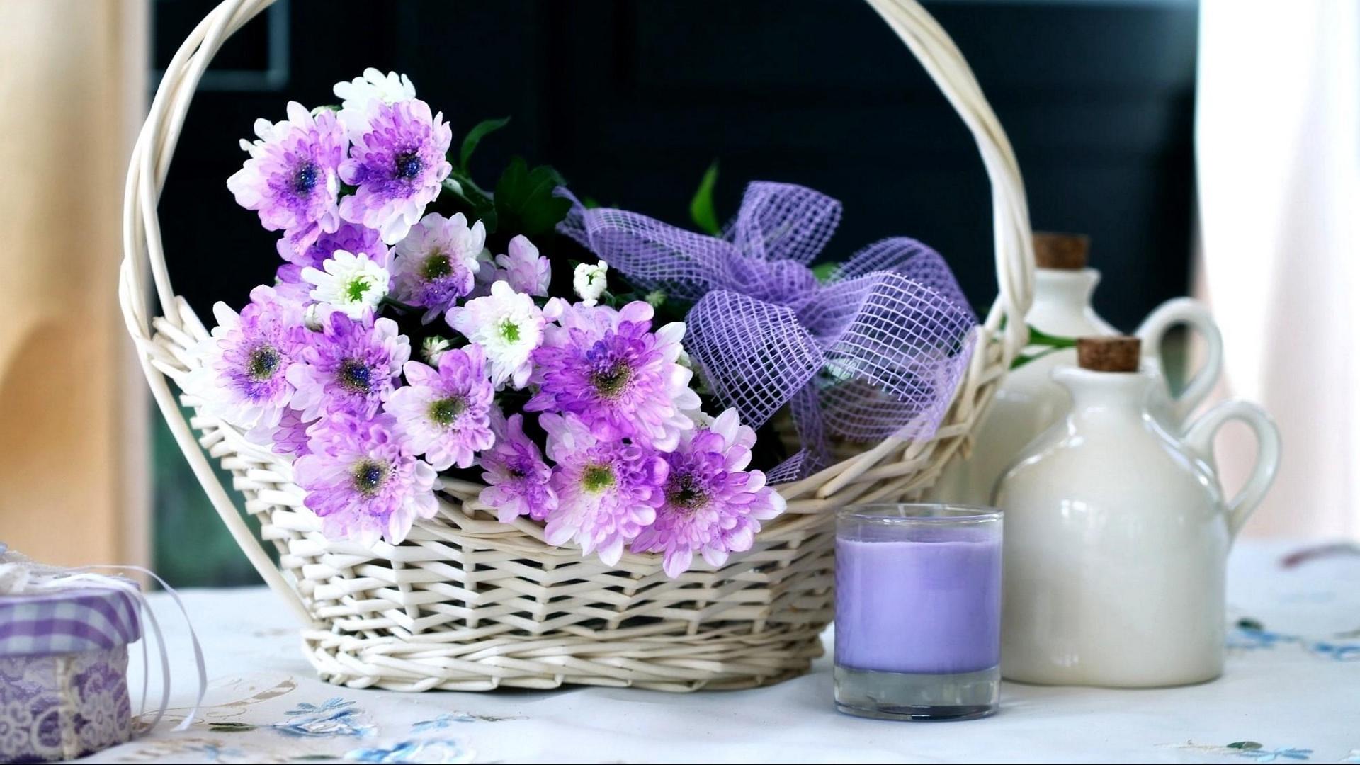 Download wallpaper 1920x1080 chrysanthemums, flowers, basket, candle