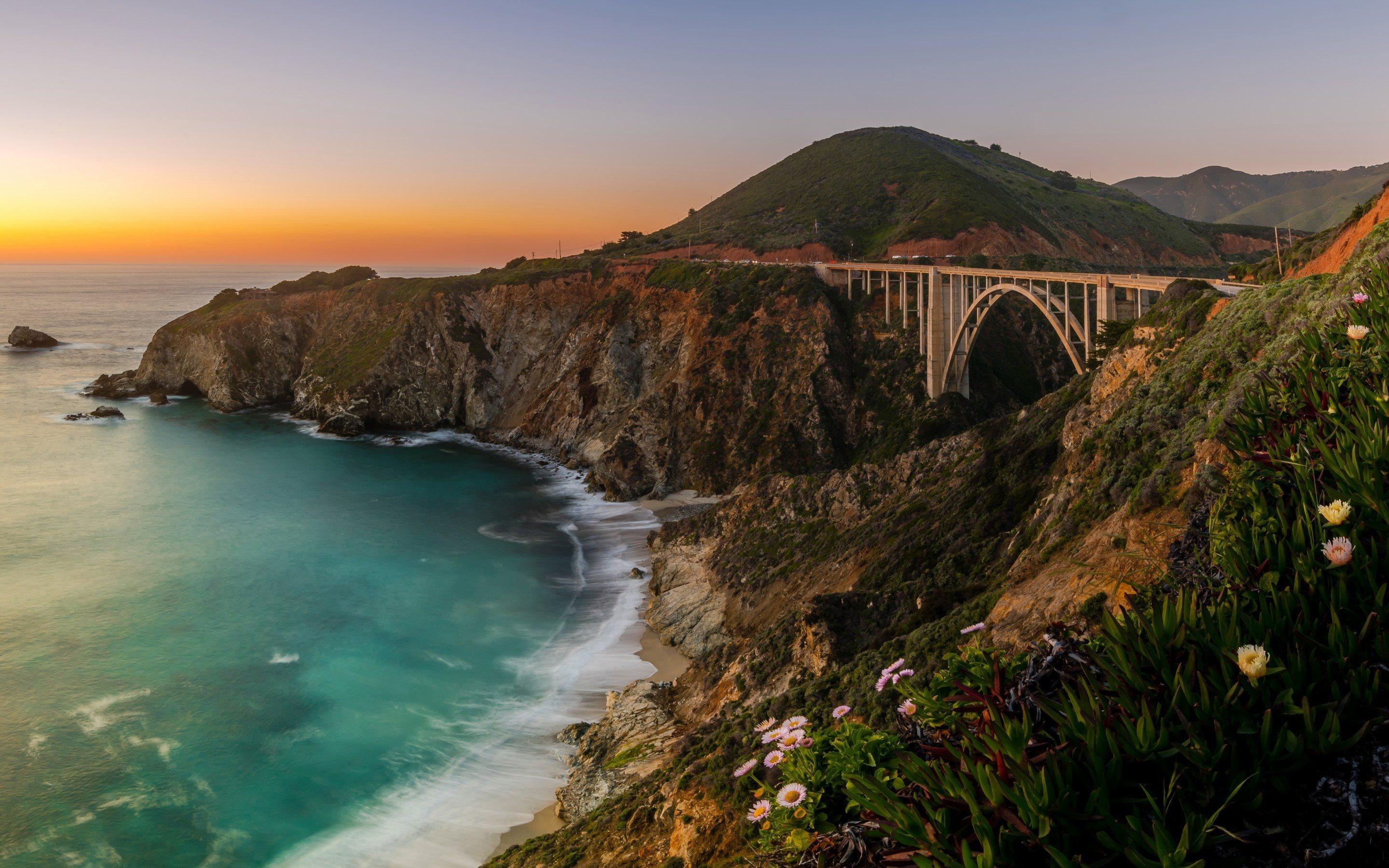 Download wallpaper bridge, california, sunset, rock, bixby bridge