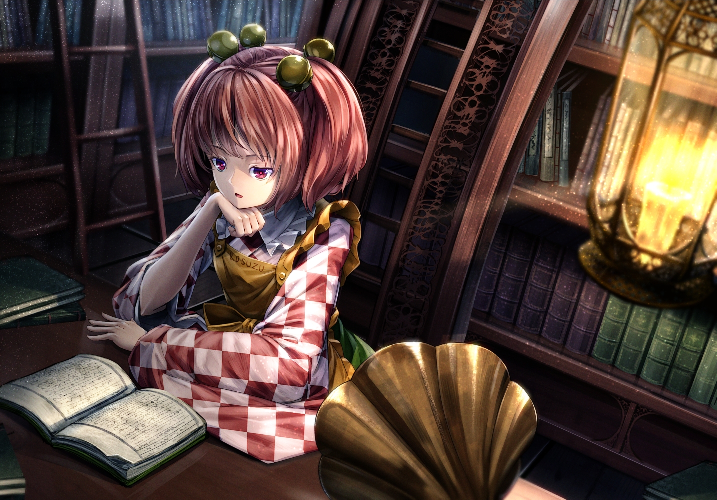 Download 1434x1000 Anime Girl, Reading, Library, Apron, Brown Hair