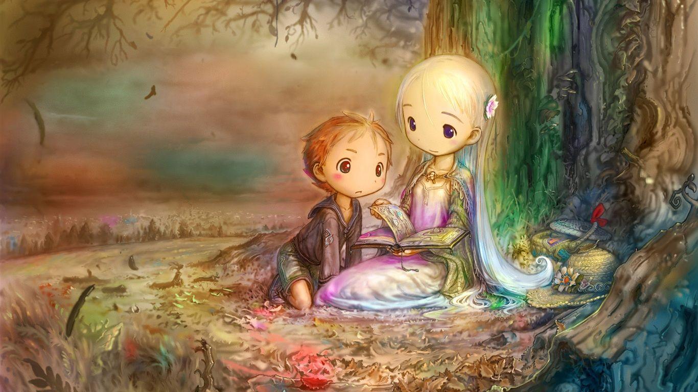 Girl and boy reading a book under the tree Wallpaperx768