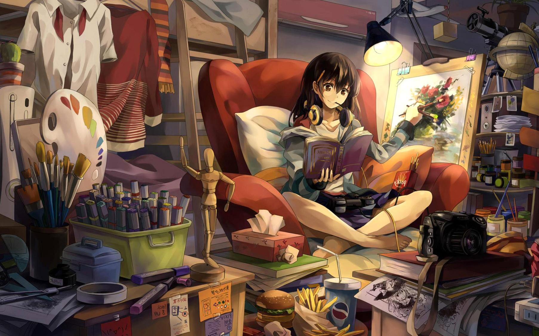 Girl, Reading, While, Painting, Colorful, Absract, Artworks, Classic
