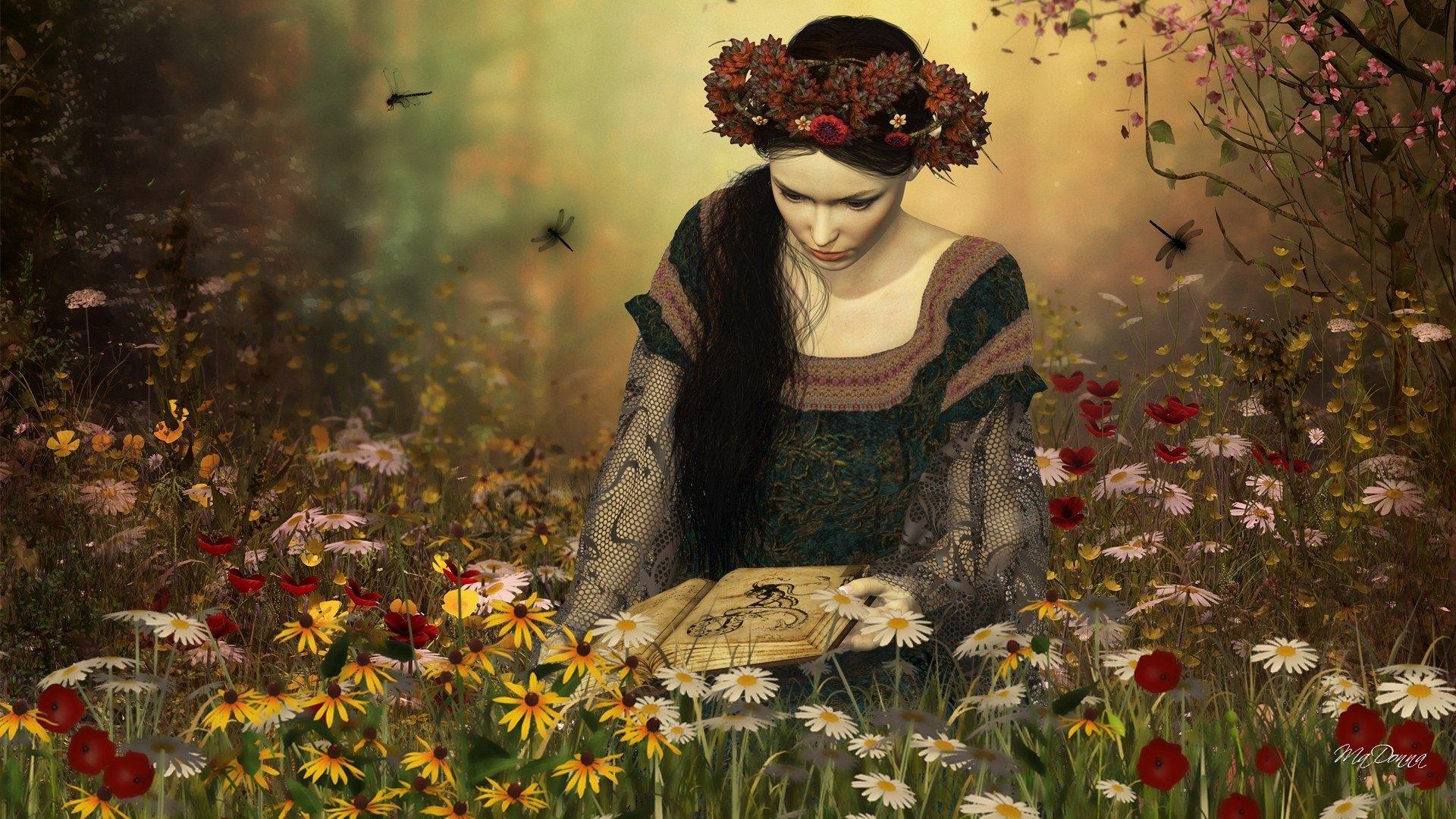 Girl Reading in Flower Field HD Wallpaper. Background Image